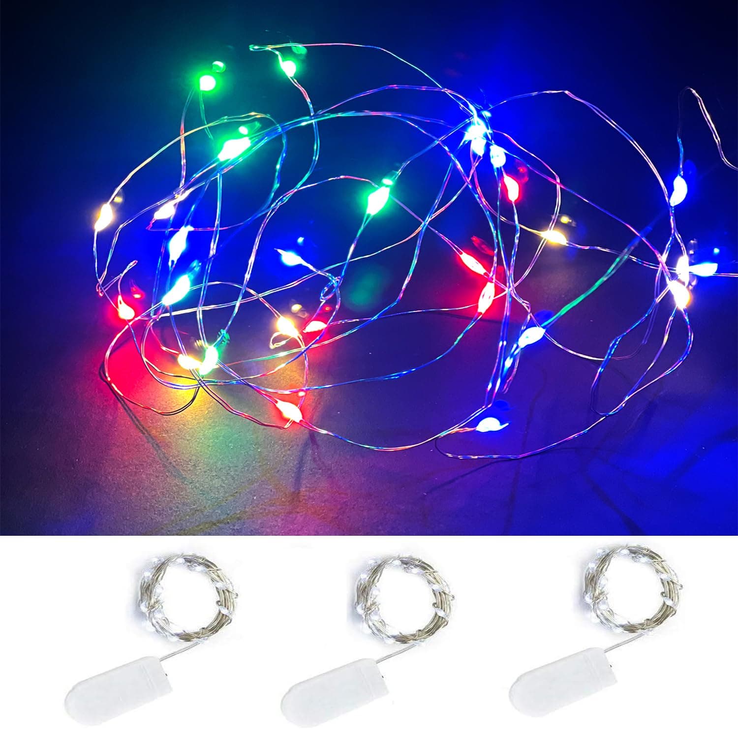 Pack of 3 Sets LED Starry String Lights with 10 Micro LEDs on 3.3ft(1m) Copper Wire, Fairy Lights Battery Powered by 2x CR2032(Incl), for Wedding or Christmas Party Table Decorations (multicolor 1M)