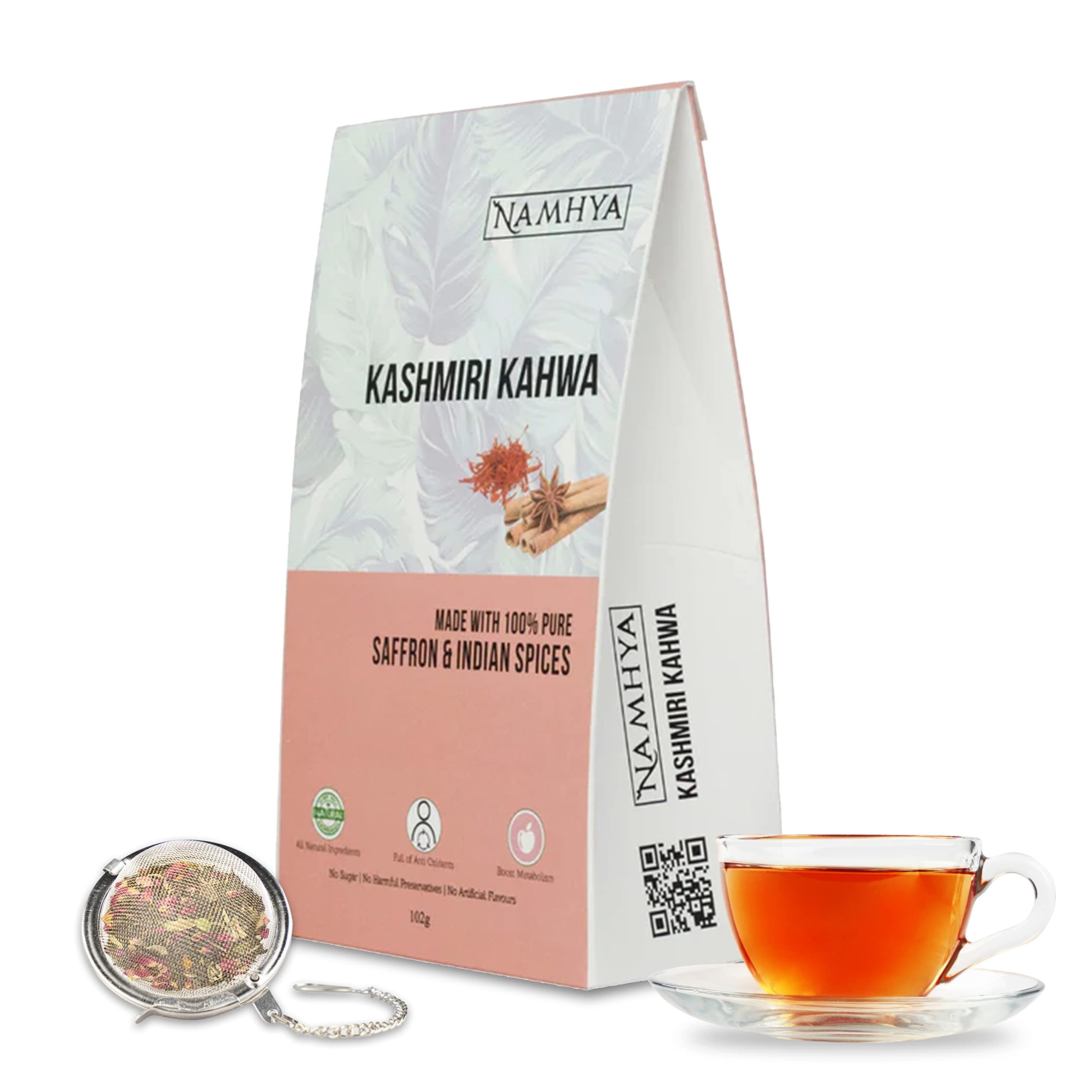 Namhya Kashmiri Kahwa Herbal Tea | Boosts Mood & Energy | Aids Digestion and Rich in Antioxidants | Saffron, Cardamom, Cinnamon & Cloves | Balances Vata & Pitta | Natural & Preservative-Free | 100g (50 Cups)