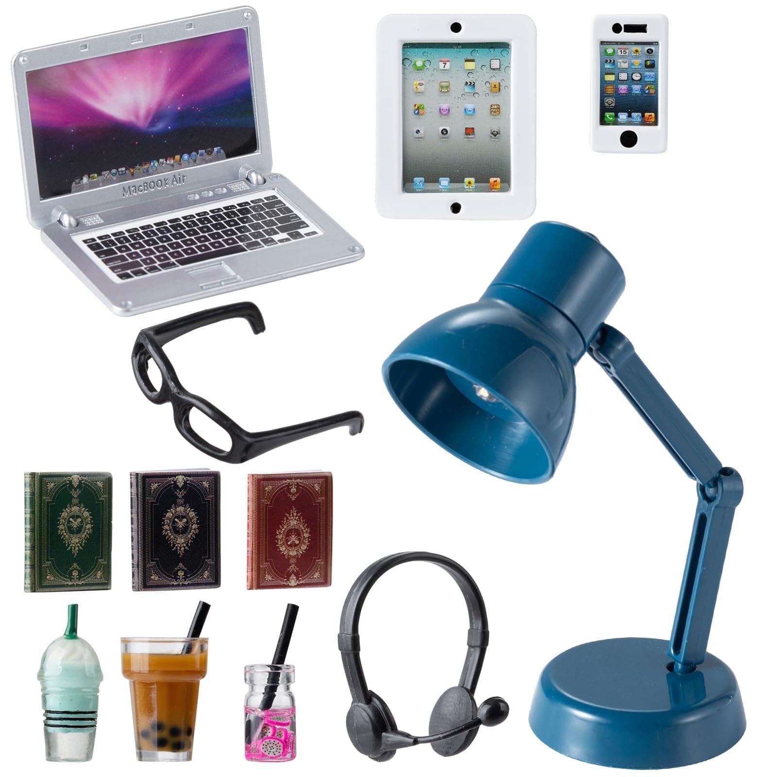 12Pcs Dollhouse Miniature Laptop Computer Tablet Phone Lamp Book Glasses Coffee Headset Simulation Accessories 1/12 1/6 Toy Pad Play Set Fits Barbie Doll Girl Mini Drink Party Office