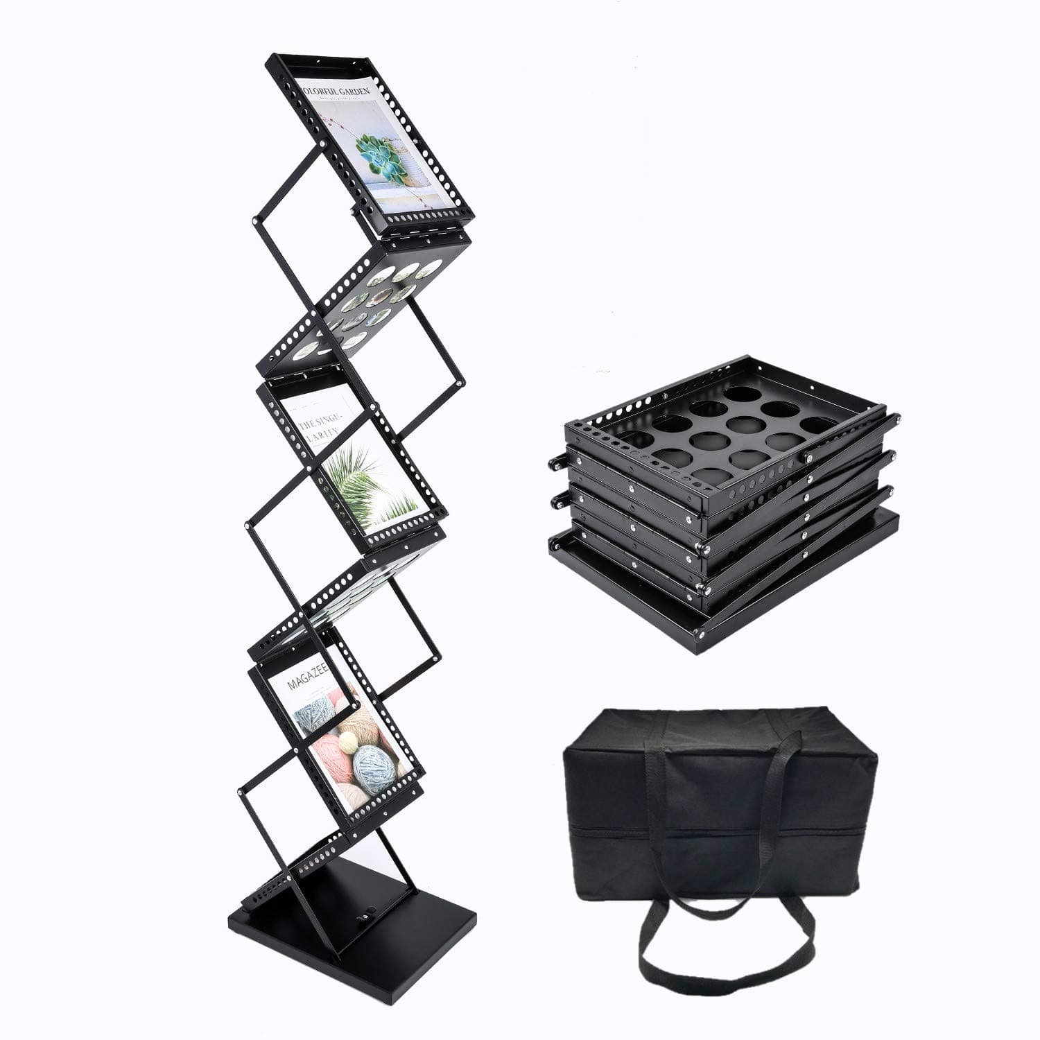 Polmart 361F Brochure Magazine Catalog Literature Display Holder Rack Floor Pop up Folding Stand, Portable Metal Black 6 Pockets for Trade Show, Office and Retail Store