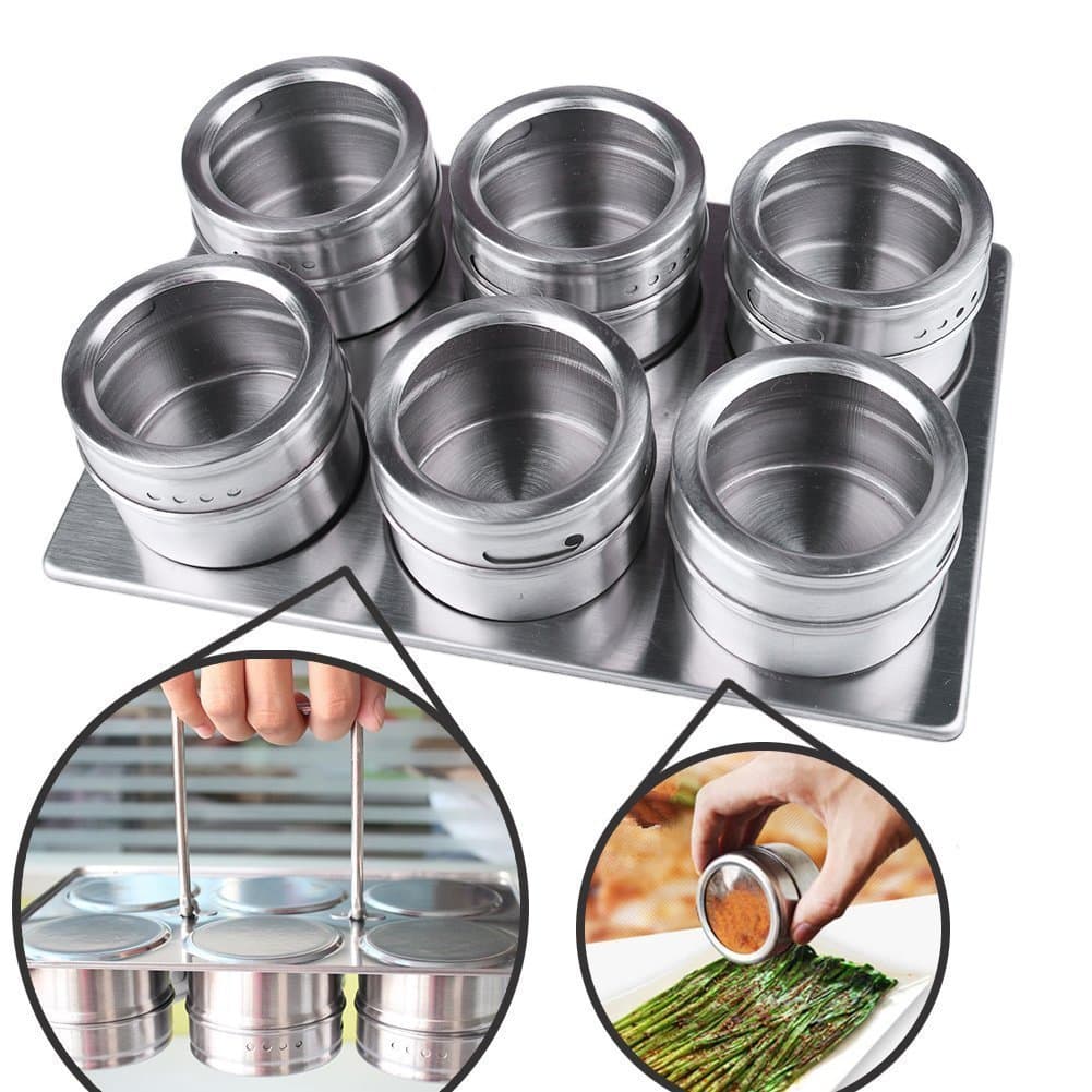Multi-Purpose Stainless Steel Spice Jars Round Storage Spice Rack Set, 6 Jars, Clear Shift and Pour Lid