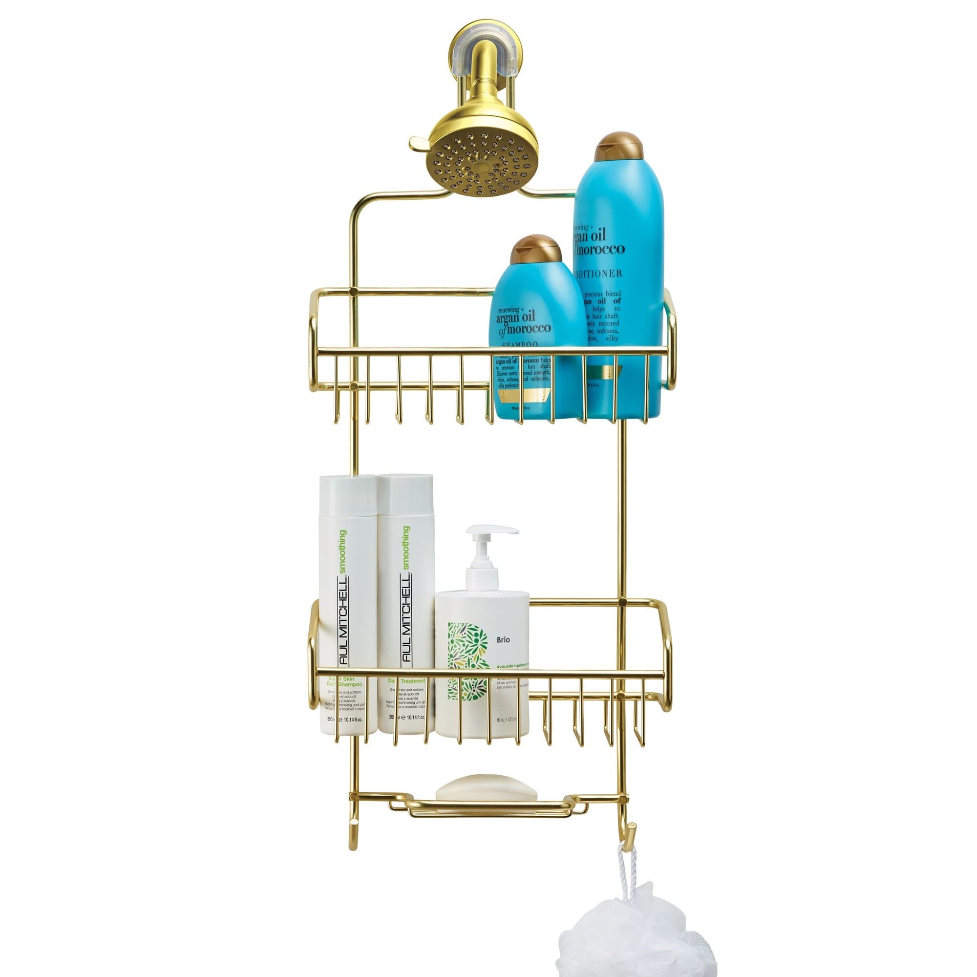 Better Houseware Over the Shower Head Caddy, Rustproof Shower Head Organizer with Hooks & Shelves, Hanging Shower Caddy for Shampoo, Conditioner & Soap, Aluminum Bathroom Rack, Gold