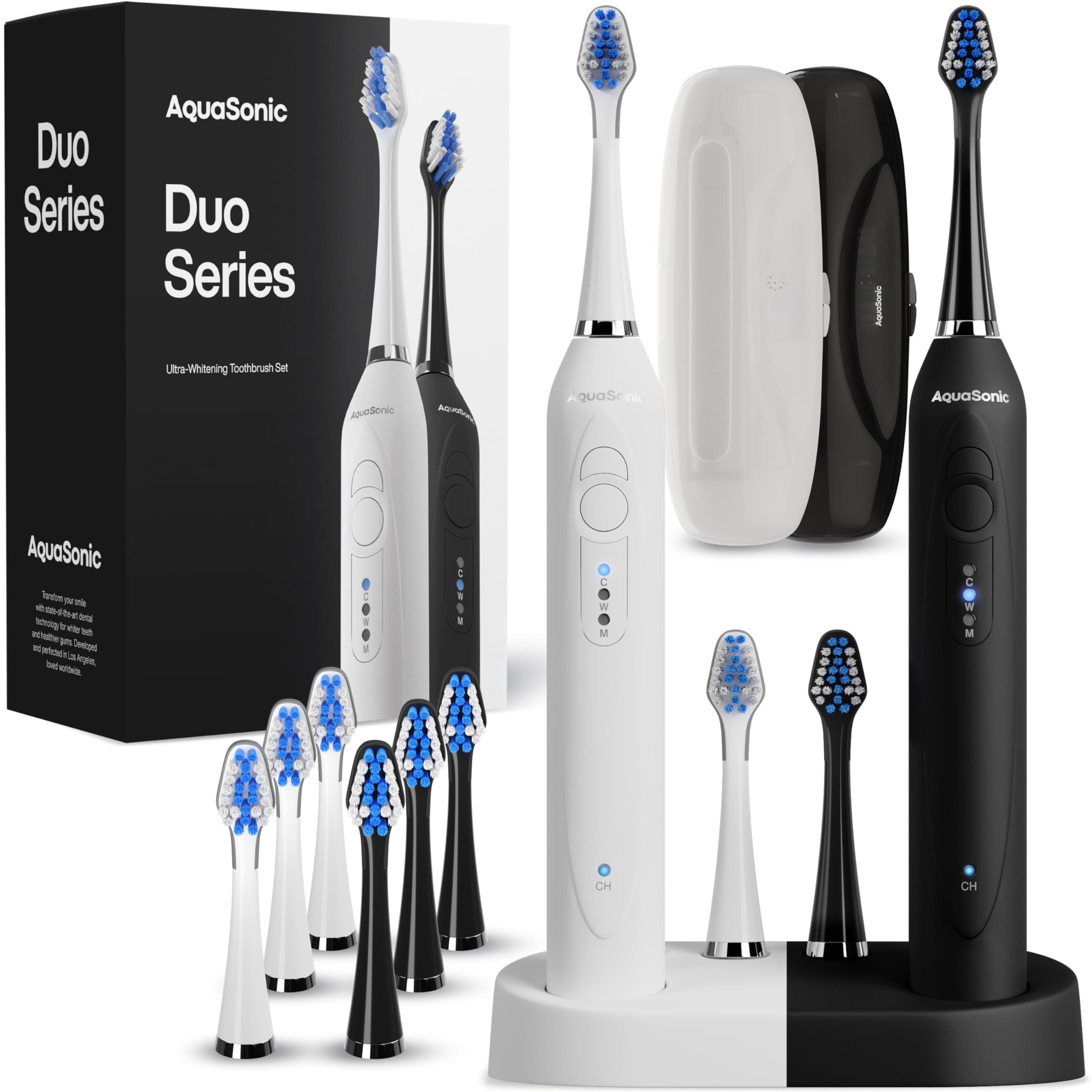 Aquasonic Duo Dual Handle Ultra Whitening 40,000 VPM Wireless Charging Electric ToothBrushes - 3 Modes with Smart Timers - 10 Dupont Brush Heads & 2 Travel Cases Included