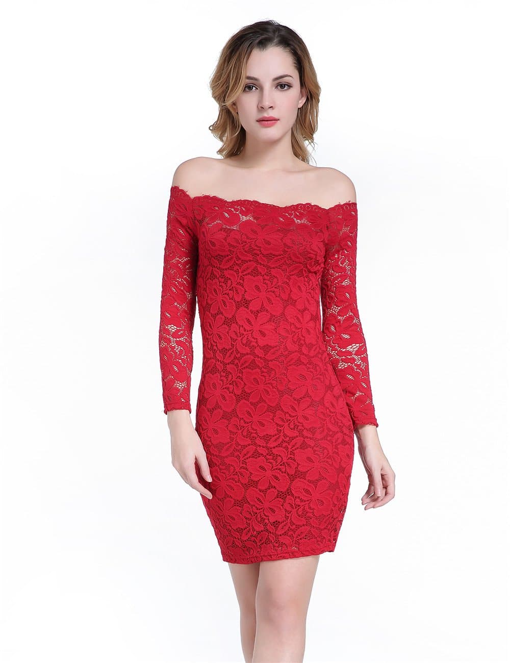 Green Mango Women's Off Shoulder Floral Lace Long Sleeve Elegant Cocktail Evening Party Dress