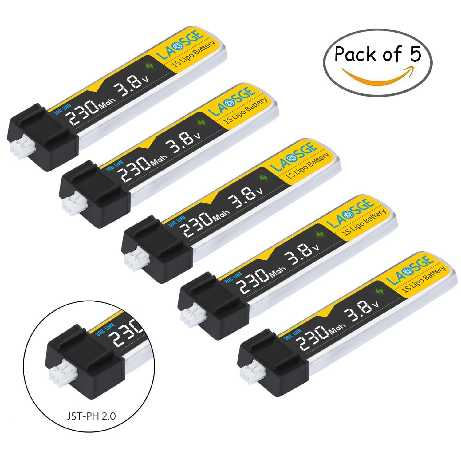 LAOSGE Upgraded 230mAh Lipo Battery for Tiny Whoop Blade Inductrix HV 1S 30C 3.8V JST-PH 2.0 Connector (5 PCS)