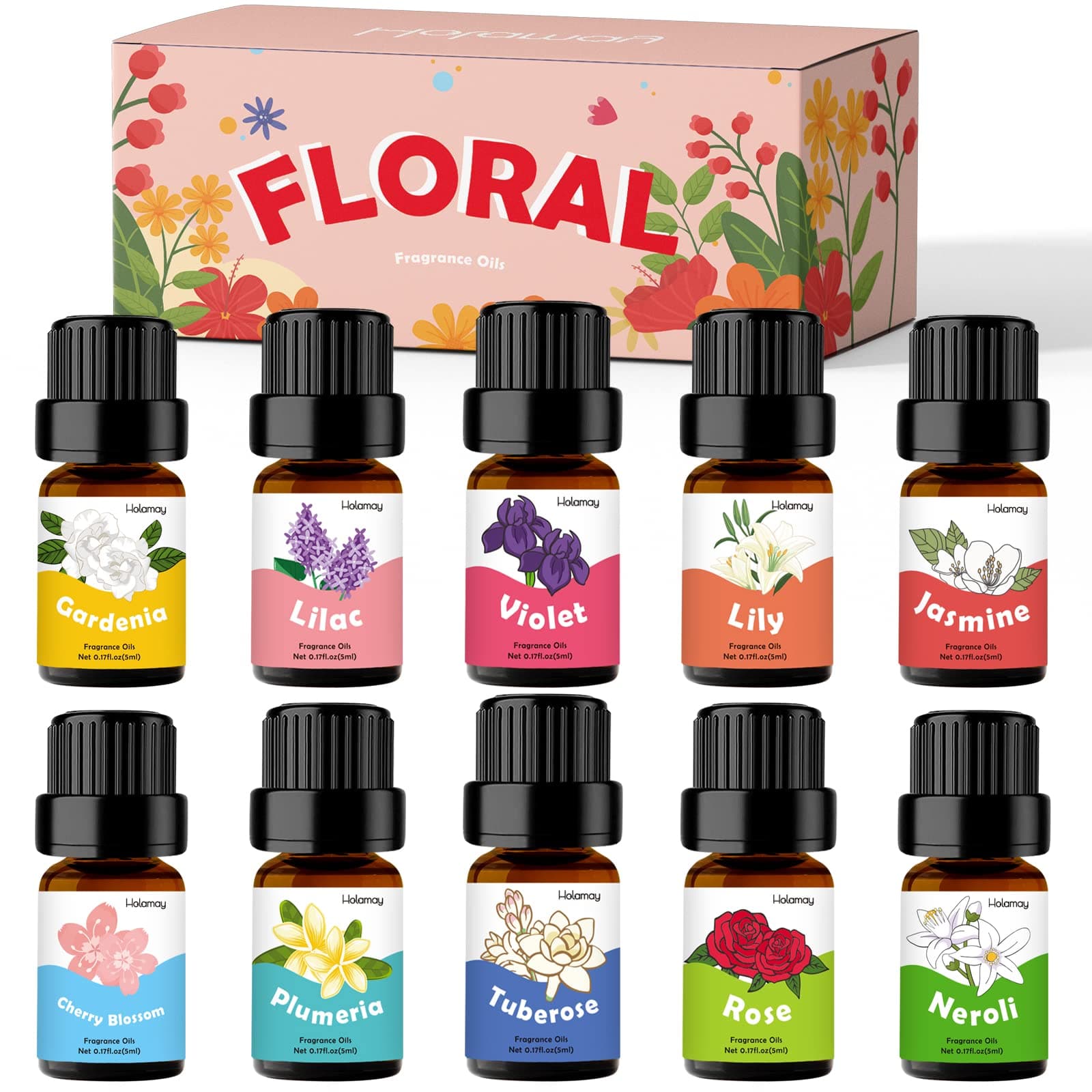 Floral Essential Oils, Holamay Premium Fragrance Oil for Candle Making, 5mlx10, Soap Making Scents - Rose, Jasmine, Neroli, Gardenia, Lilac and More, Aromatherapy Oils for Diffusers for Home
