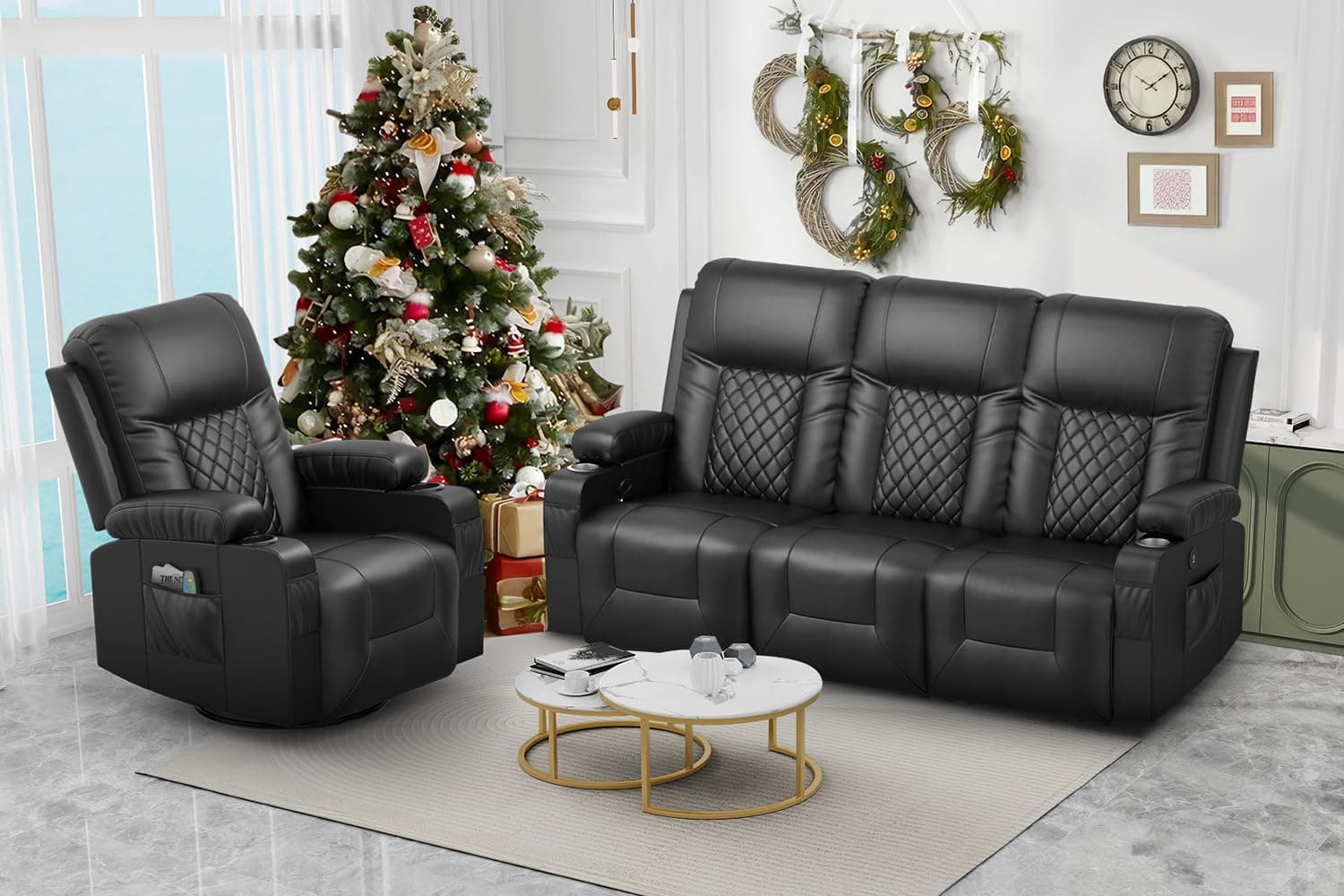Recliner Sofa Set with 3+1 Pieces in Living Room, 3 Seater Reclining Sofa with USB Ports, Cell Phone Holders, 1 Recliner Chair with Vibration Massage and Heat Single Sofa Seat, Bedroom, RV