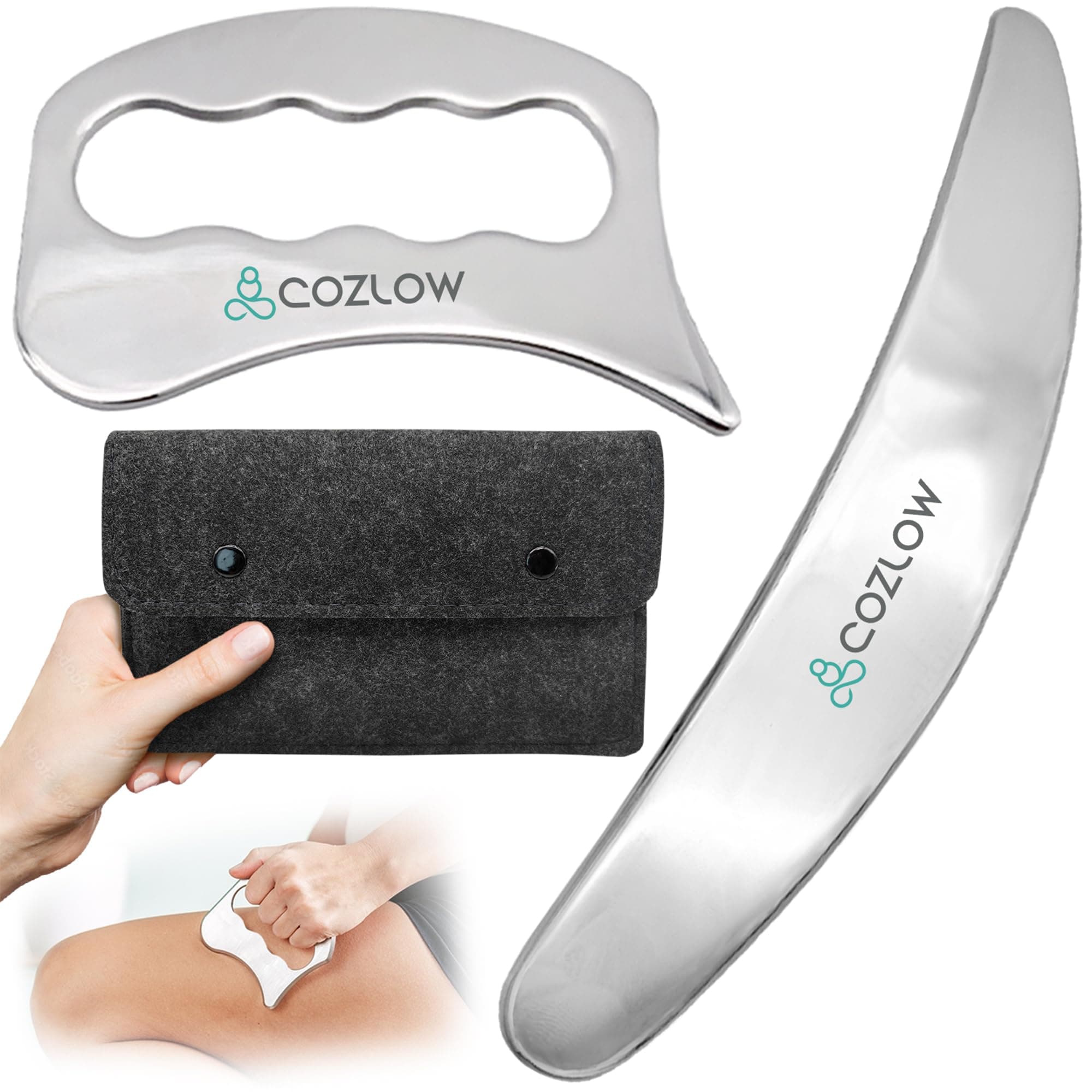COZLOW 2-in-1 Muscle Scraper Tool Set - Skin Scraping Massage Tools for IASTM Therapy - Deep Tissue Gua Sha for Soft Tissue Mobilization, Fascia & Myofascial Release - Stainless Steel Metal Blades