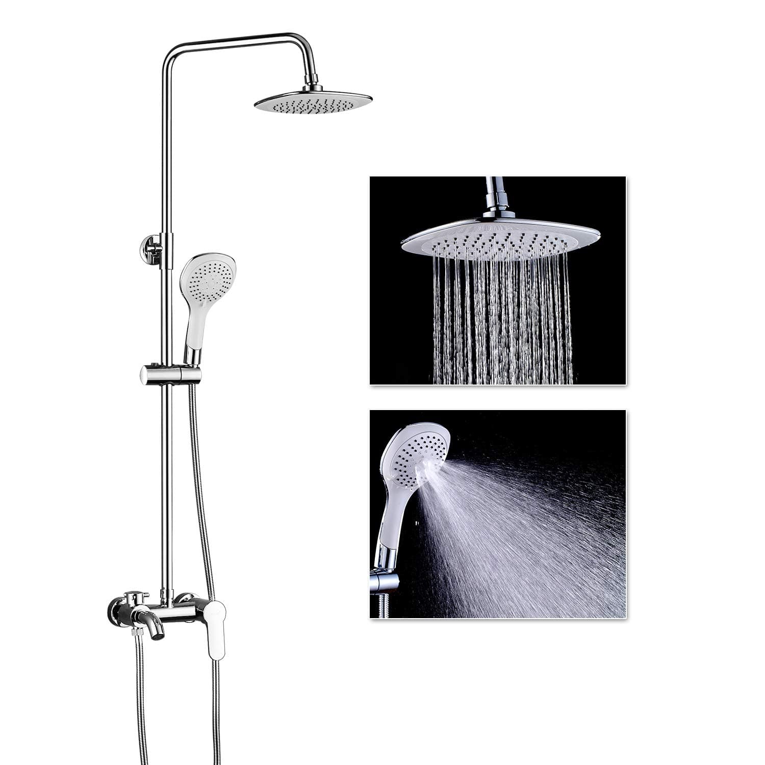 ROVOGO Bathroom Shower Faucet Set Complete with Exposed Mixer Valve, 8-inch Rain Showerhead with Handheld Spray, 3-Function Shower System, Chrome