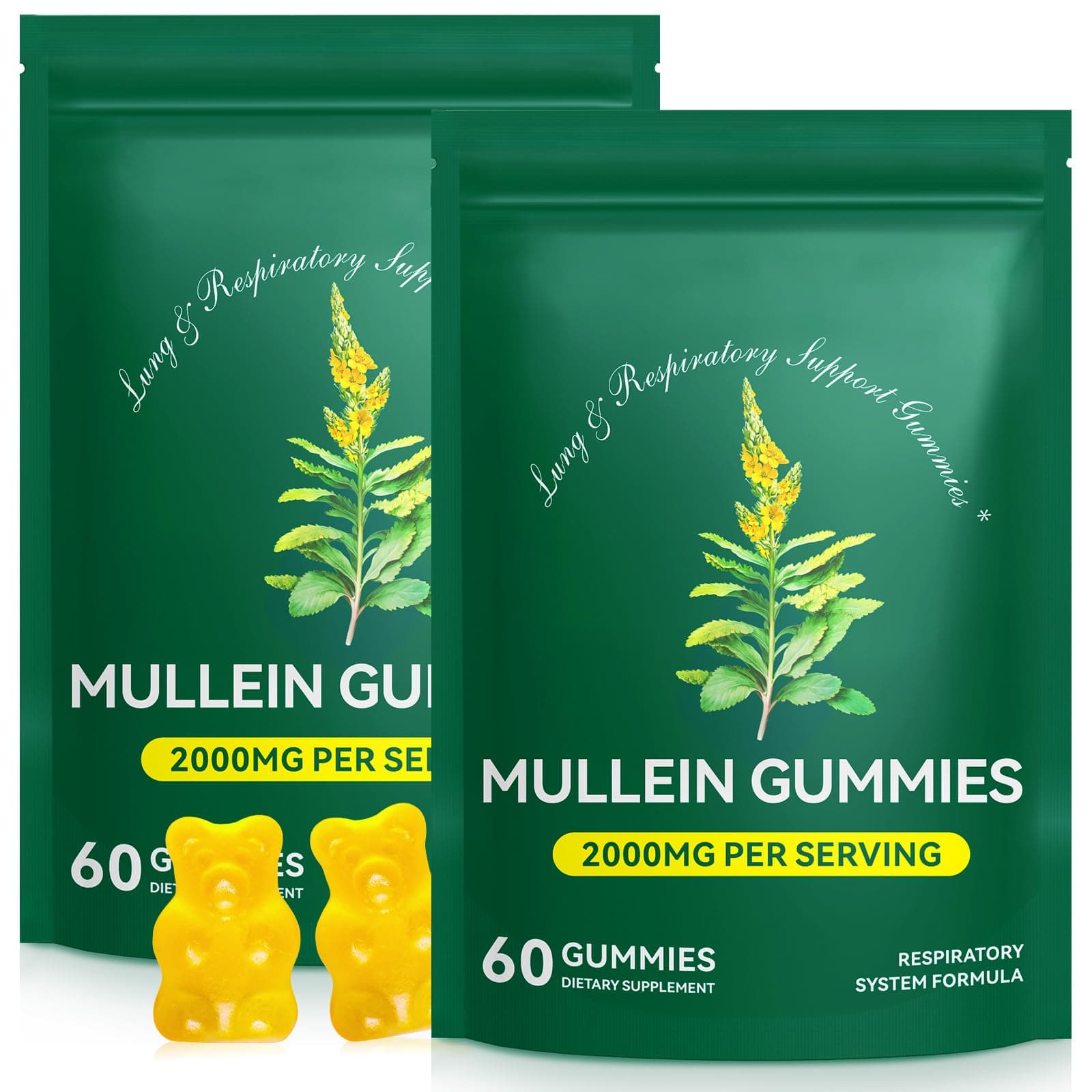 Mullein Gummies for Lung Detox, 2000mg Mullein Leaf Extract for Respiratory & Digestive & Immune Support w/Quercetin, Bromelain, Elderberry & Marshmallow, Vegan 120 Gummies (2 packs 120 gummies)