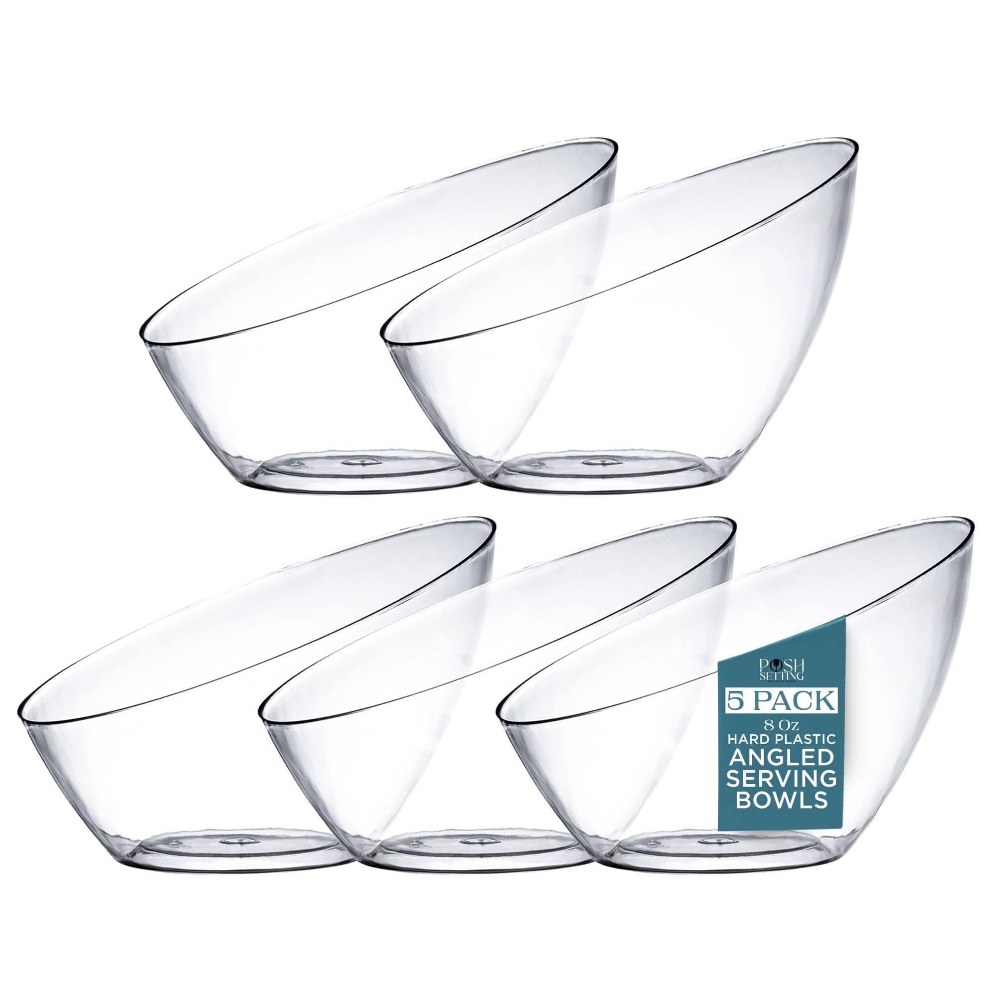 Posh Setting - Clear Plastic Serving Bowls For Party Angled Disposable Chip Candy Table Salad And Fruit Wedding Bowls-Clear, 8 Oz, 5 Pack