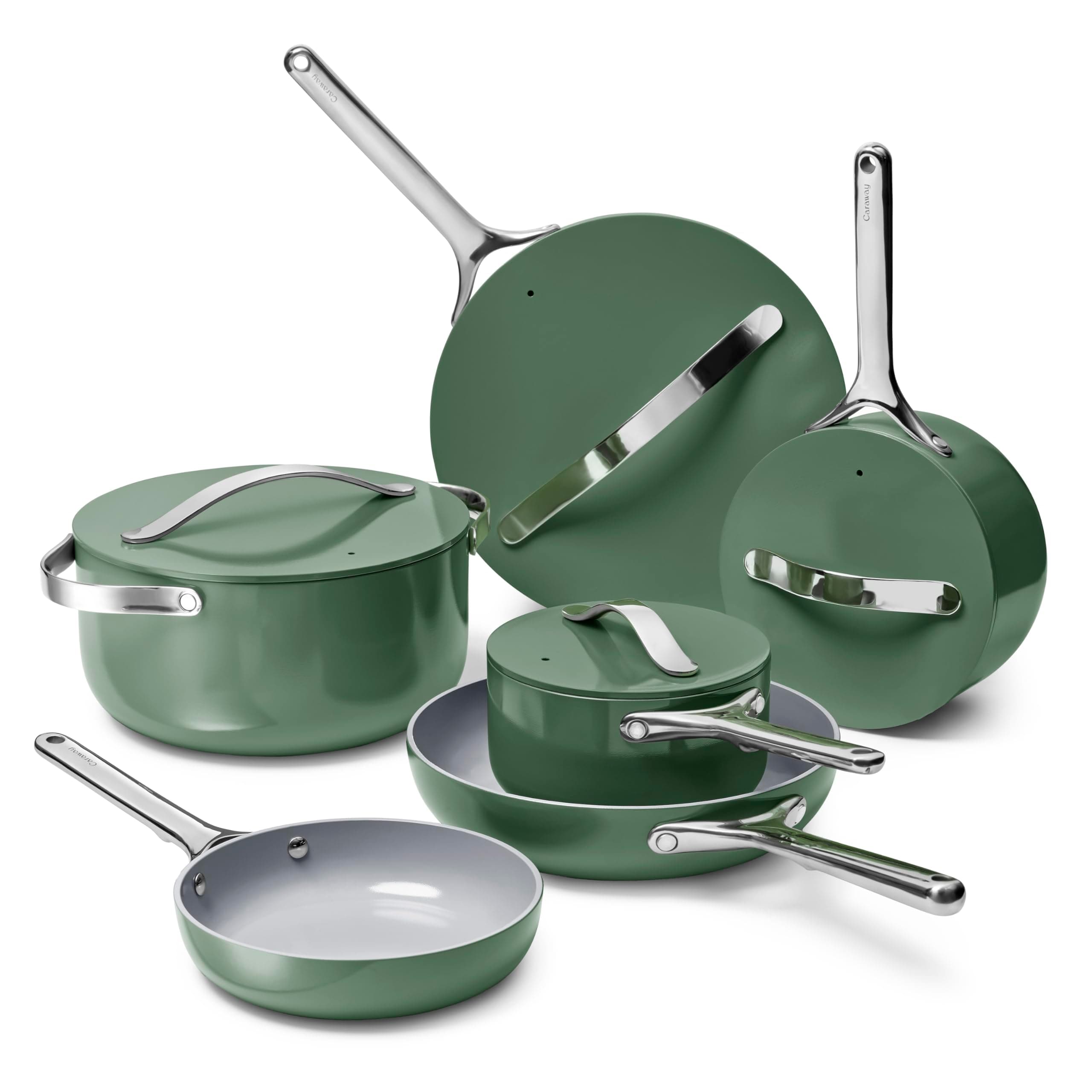 Caraway Deluxe Non-stick Ceramic Cookware Set (16 Piece) Pots, Frying Pans, Lids and Kitchen Storage - PFAS & PFOA Free - Oven Safe Pan Set & Compatible with All Stovetops - Sage