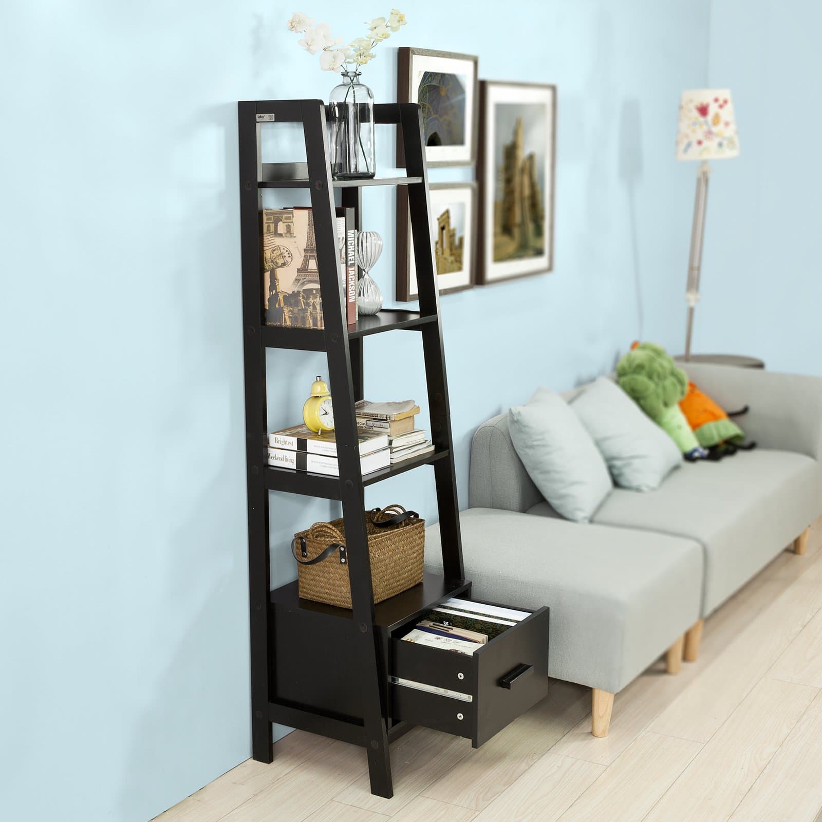 Haotian FRG116-K-SCH, Black Storage Display Shelving Ladder Shelf Bookcase with Drawer and 4 Shelves, Bathroom Cabinet