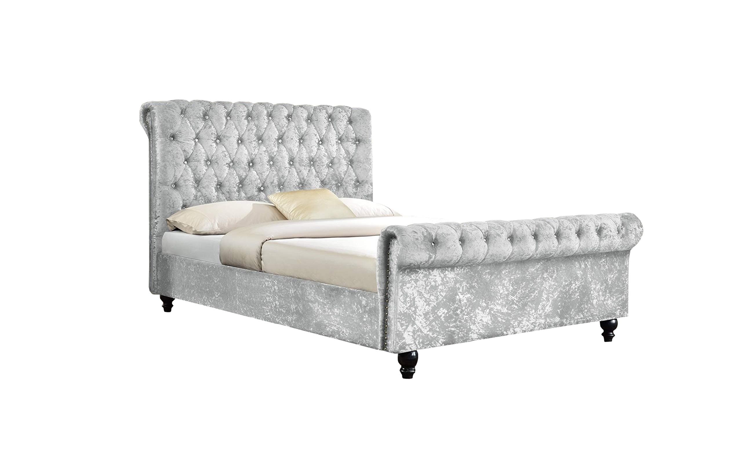Pristine New Stunning Crushed Velvet/Chenille Luxurious Chesterfield Bed Frame, Double 4FT6, King Size 5FT (4FT6 Double, Silver)