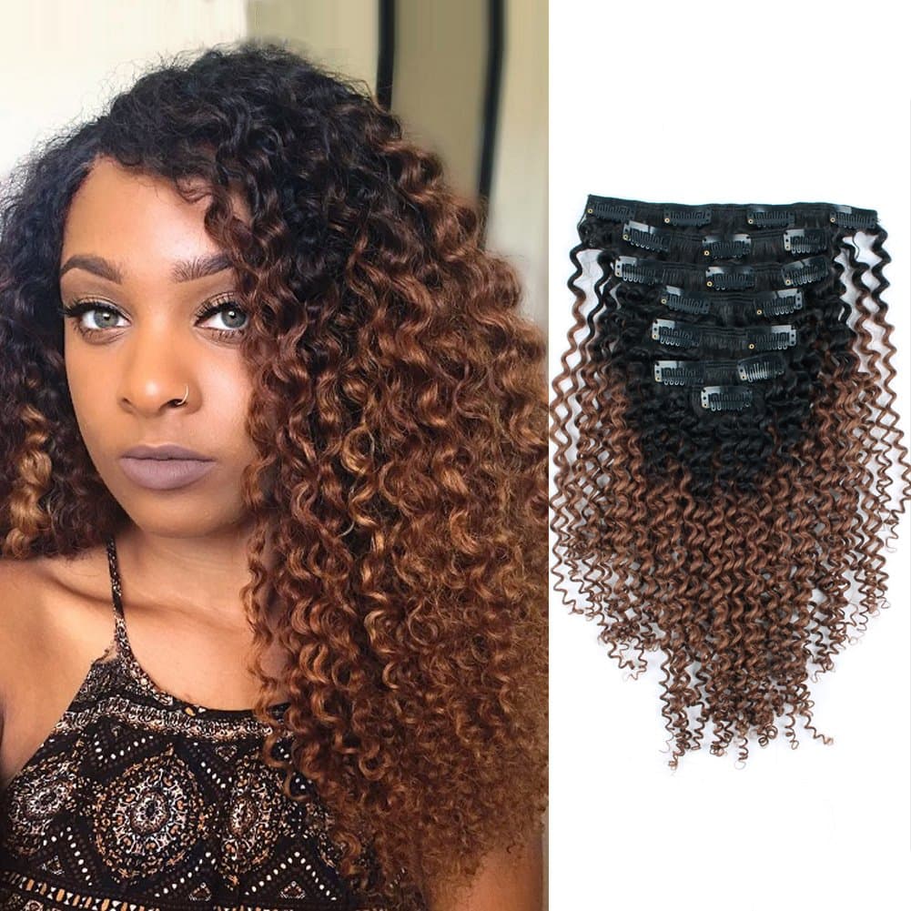 ABH AMAZINGBEAUTY HAIR Ombre Kinkys Curly Clip on Extensions - Double Weft 3C 4A Remy Human Hair for African American Women, Natural Black Fading into Light Auburn 30, 120 Grams 7 pieces, 18 Inch