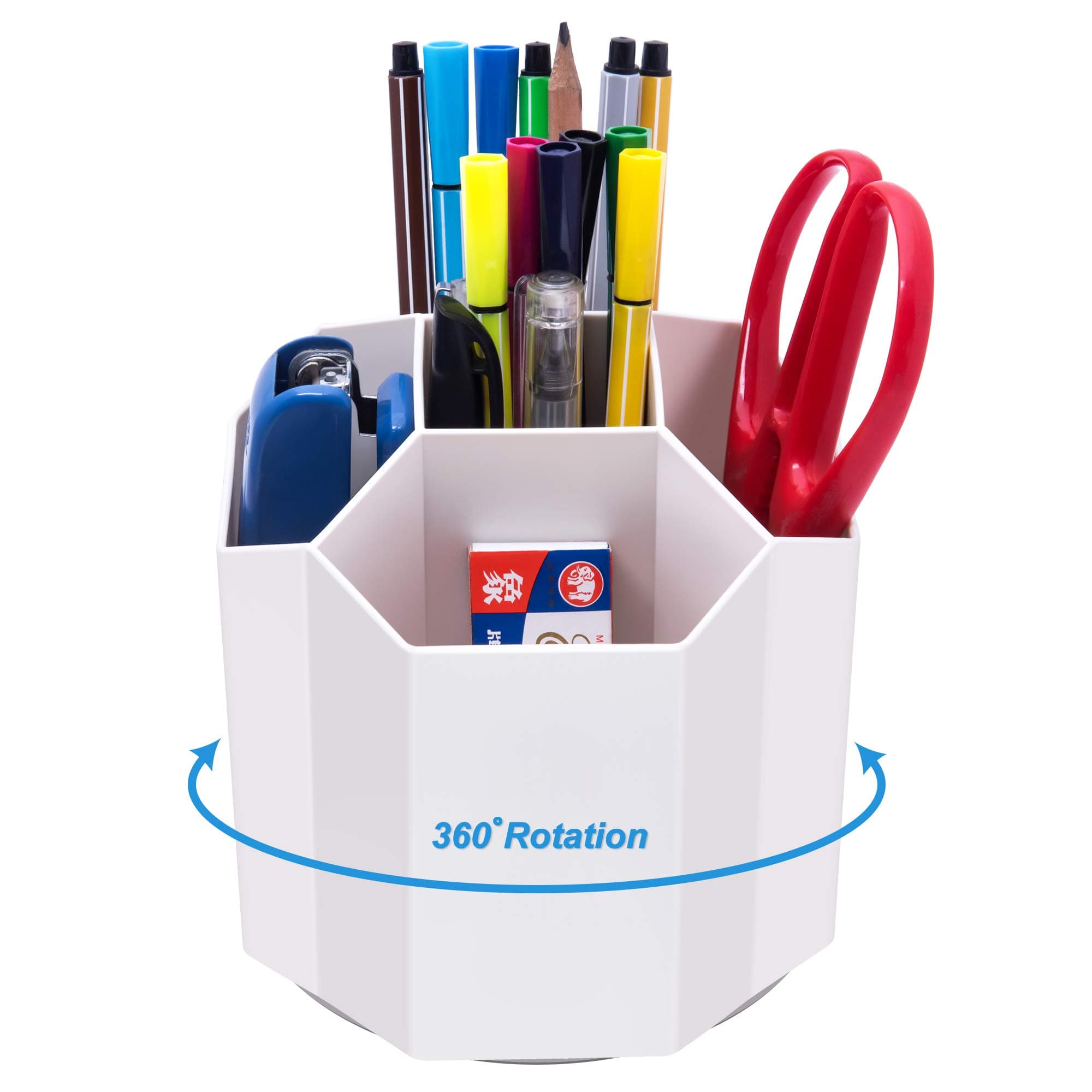 Desk Pencil Pen Holder, Rotating Pen Organizers 360-Degree 5 Grid Pen Holder for Desktop Storage Stationery Supplies Organizer, Home, Office, School, Kids, White