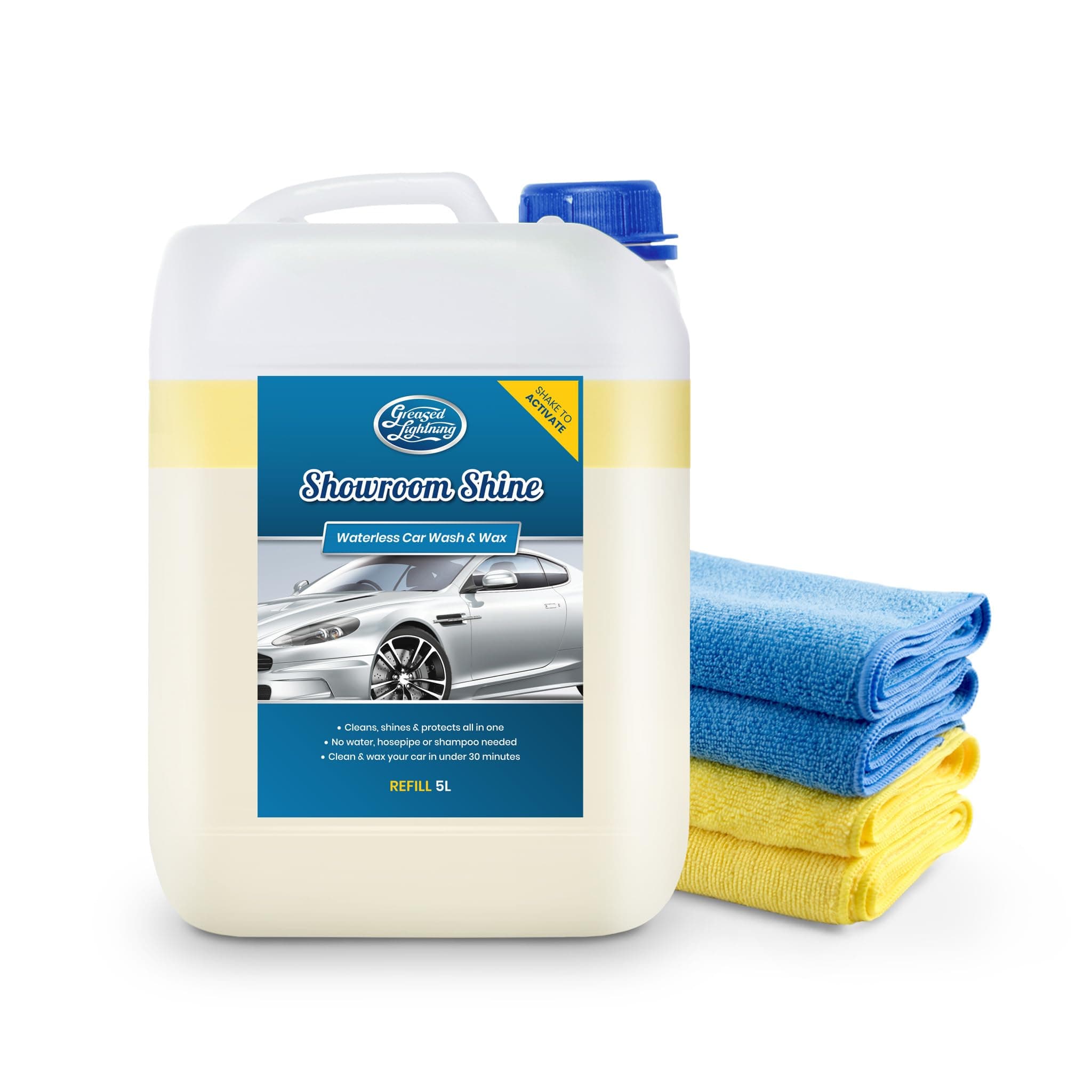 – Greased Lightning Showroom Shine Waterless Car Wash and Wax, Super Easy and Fast, No Water, Premium Shine, Protects and Cleans, For Cars, Caravans, Motorbikes - 5 Litre Refill Plus 4 Microfibre Cloths