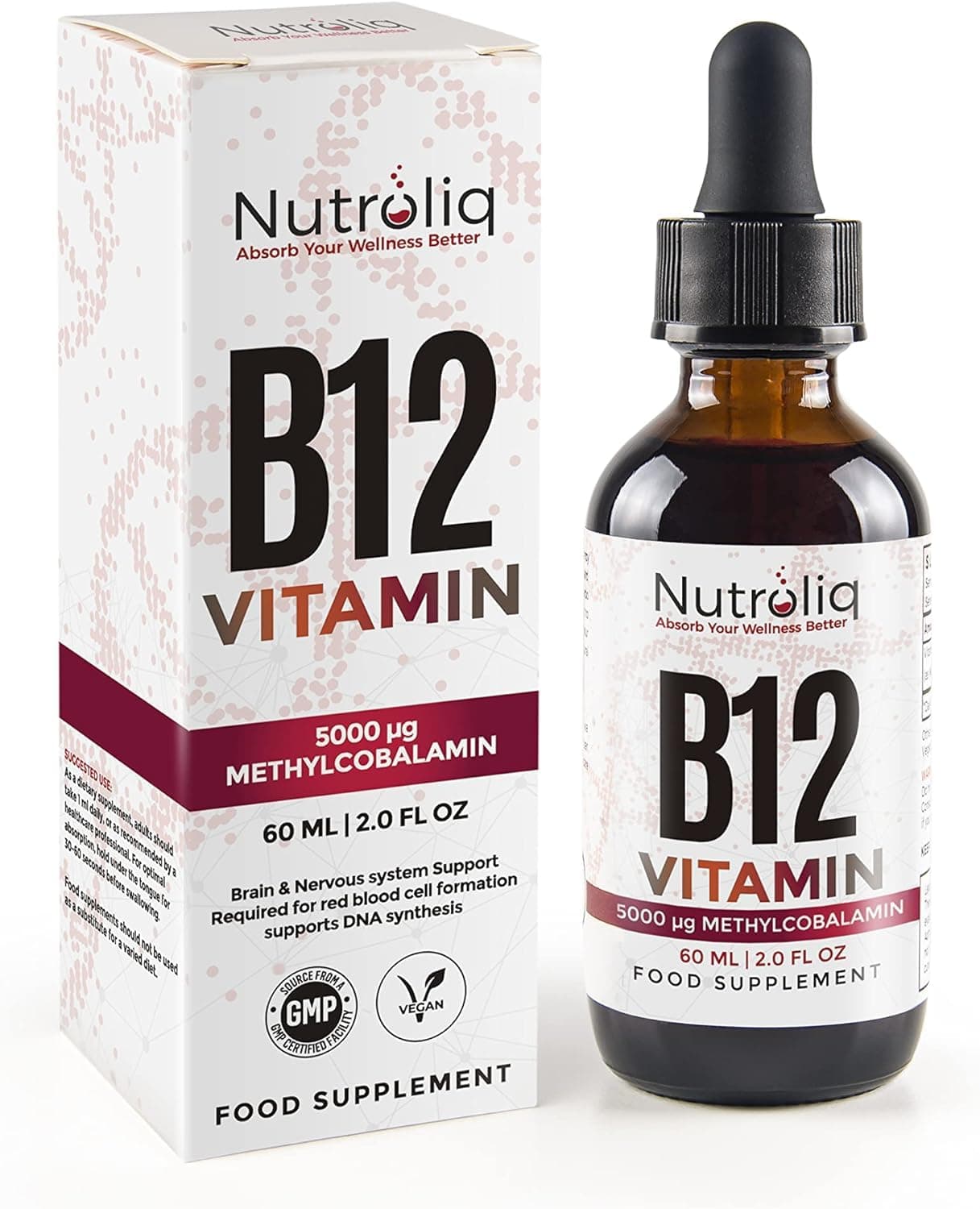 Nutroliq Vitamin B12 Liquid Drops - High-Strength 5000mcg Methylcobalamin Supplement - Energy Booster, Immune System Support, Better Concentration and Metabolism - Vegan & Vegetarian Formula - 60ml