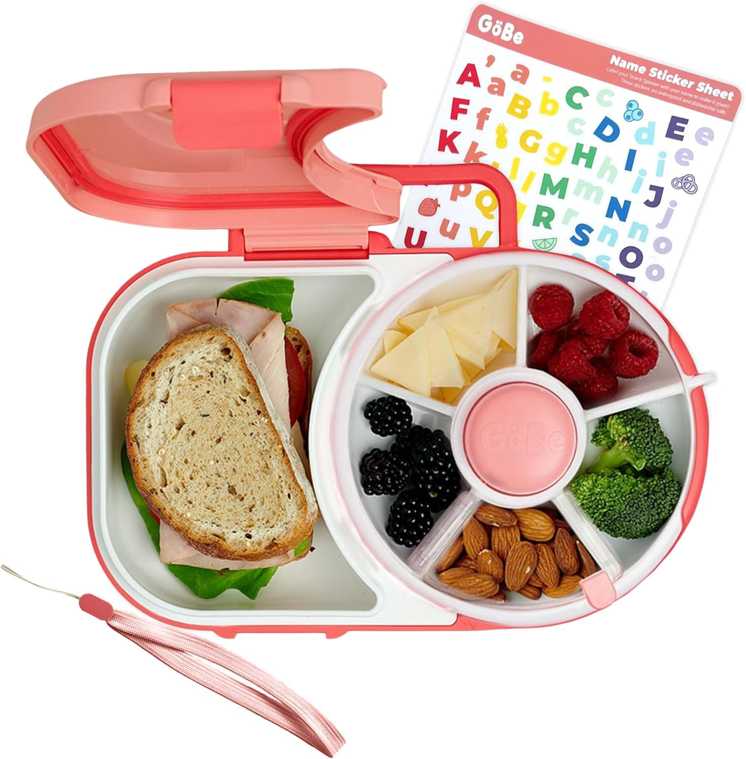 GoBe Kids Lunchbox with Detachable Snack Spinner, Bundle with Hand Strap & Sticker Sheet, Reusable Bento Style Lunch Container, 5 Small +1 Large Sandwich Compartment, BPA & PVC Free, Dishwasher Safe