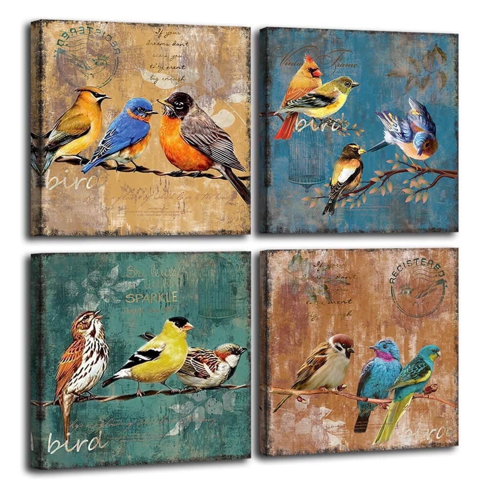 Bird Canvas Wall Art for Bedroom 12 x 12 4 Pieces Rustic Wall Decor Animal Picture Framed Artwork Vintage Theme Prints Paintings Ready to Hang for Home Bathroom Kitchen Office Decorations