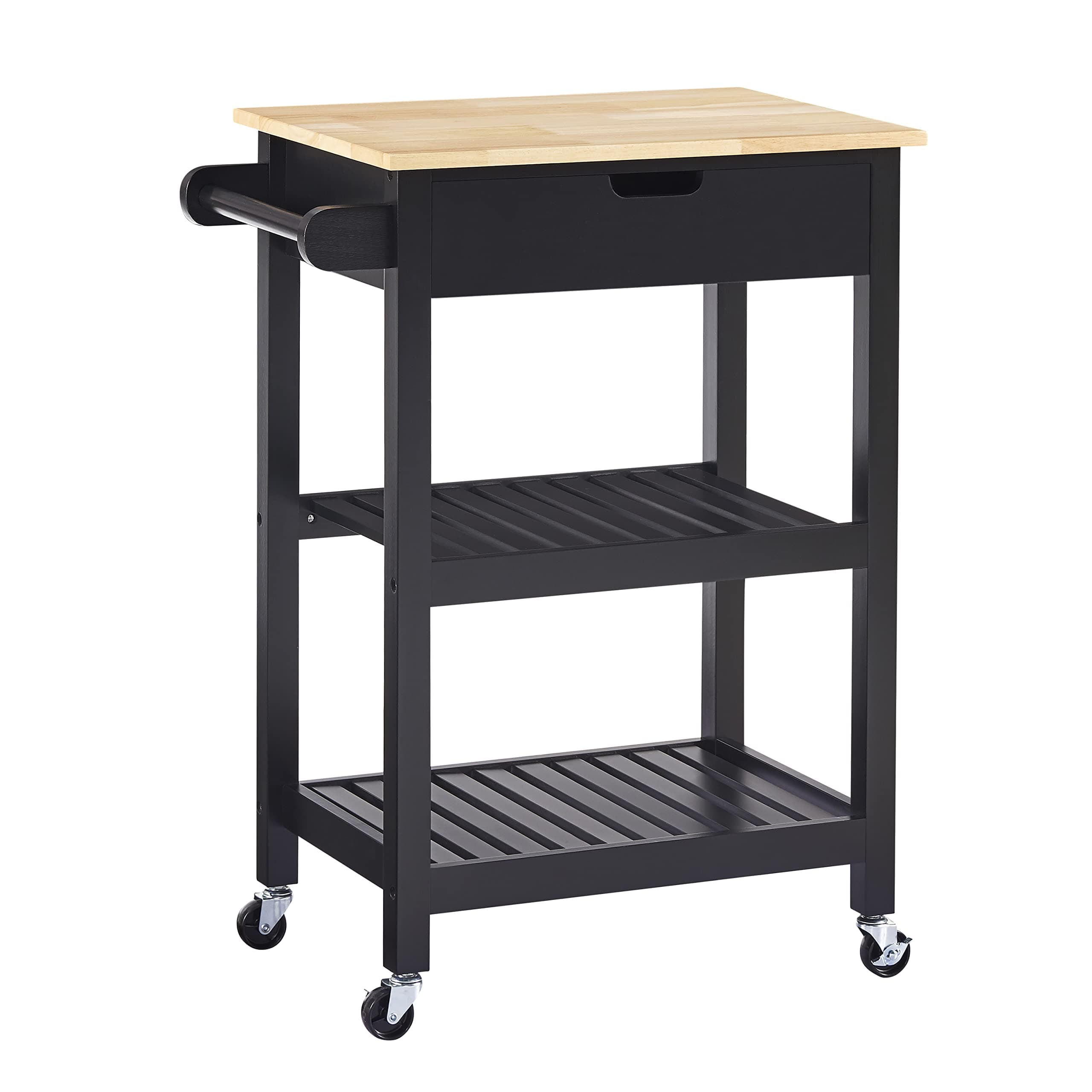 conifferism Black Microwave Cart, Small Kitchen Island on Wheels with Wood Top and Drawer, Multipurpose Utility Cart with Open Storage Shelf for Small Places