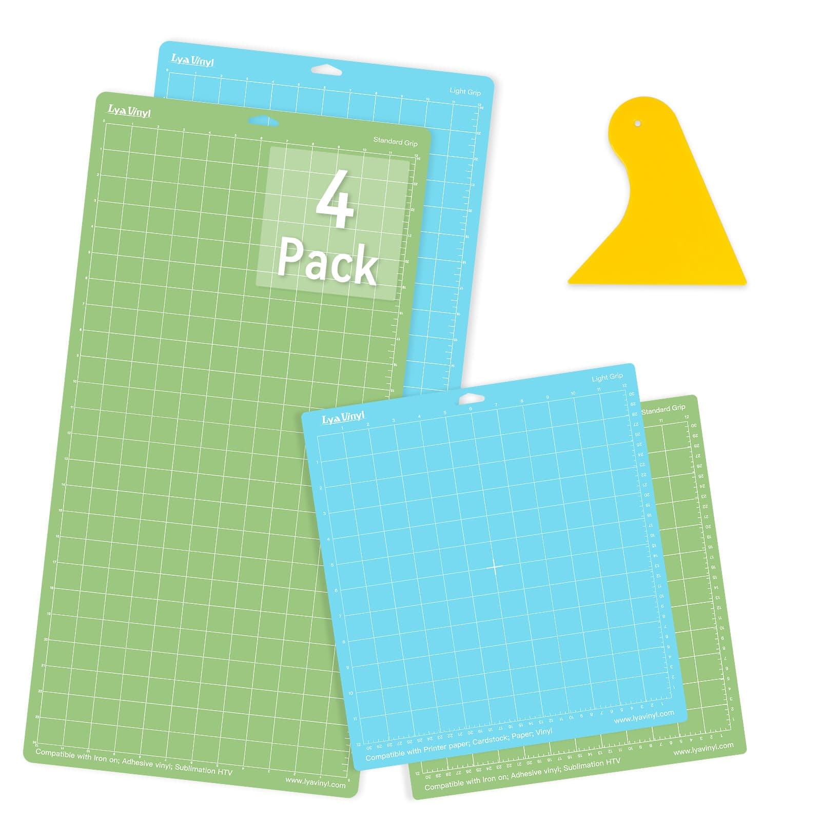 Lya Vinyl4 Pack Variety Cutting Mats - 12x12 & 12x24, StandardGrip & LightGrip for Cricut Explore Air Series