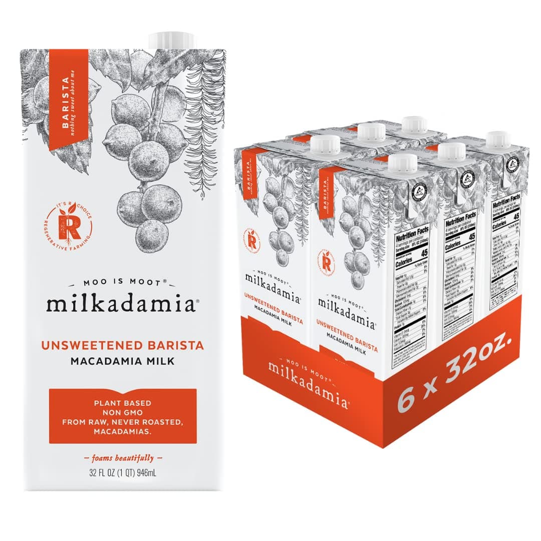 Milkadamia Unsweetened Barista Macadamia Milk, Plant-Based, Kosher, Gluten Free & Non-GMO, 32 Fluid Ounce (Pack of 6)