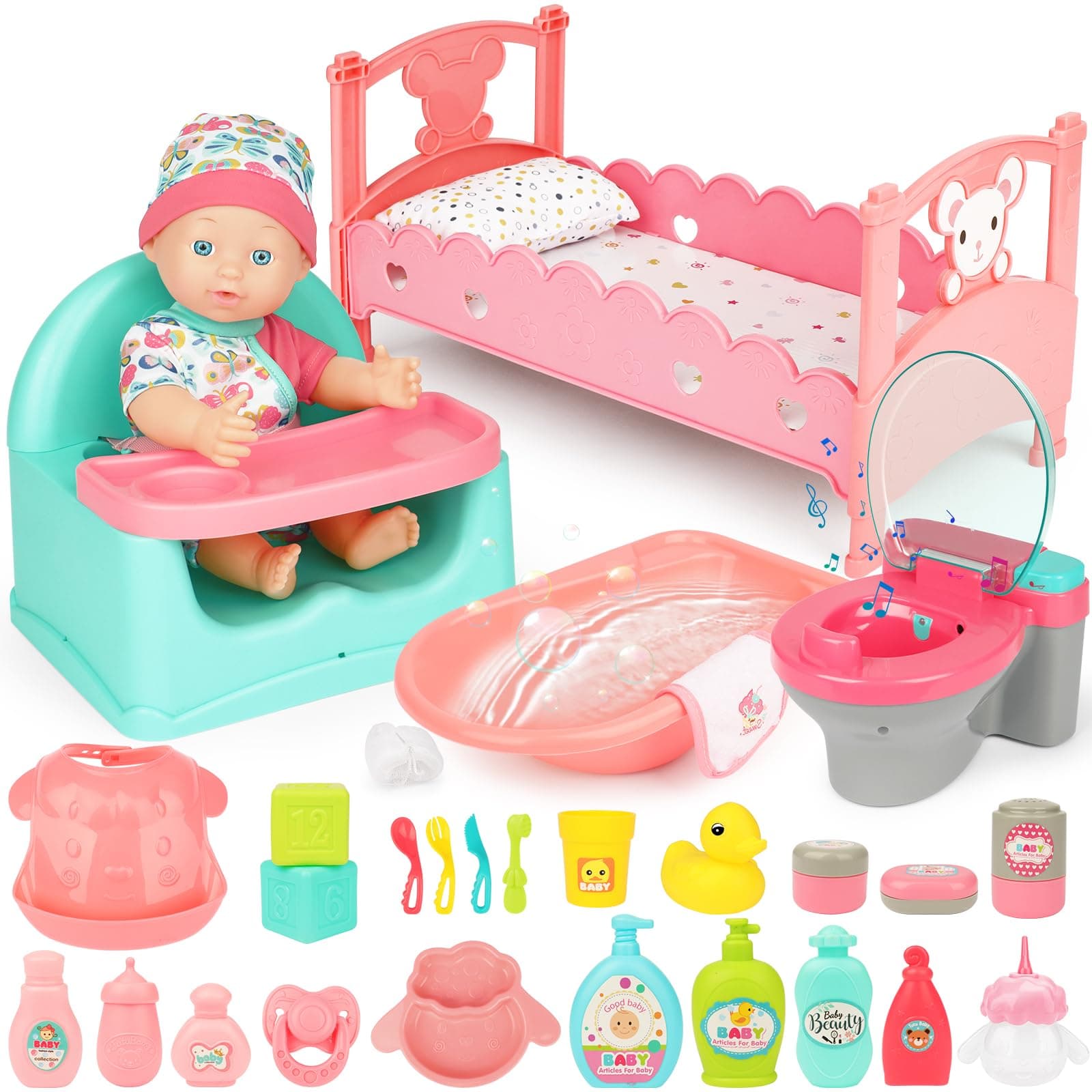 deAO 28PCS Baby Doll Bath Play Set with Doll Cot, Feeding Accessories, Baby Doll Bath Accessories Include Pink Bathtub, Doll Clothes, Diaper, Toilet, Role-Play Toys, Toy Gifts for Girls Aged 3+
