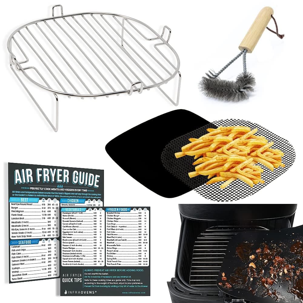 Air Fryer Accessories Set with Stainless Steel Rack and Wire Brush, Air Frying Cheat Sheet Guides, Reusable Liners, Compatible with Ninja Foodi, Nuwave® Brio, Power and More