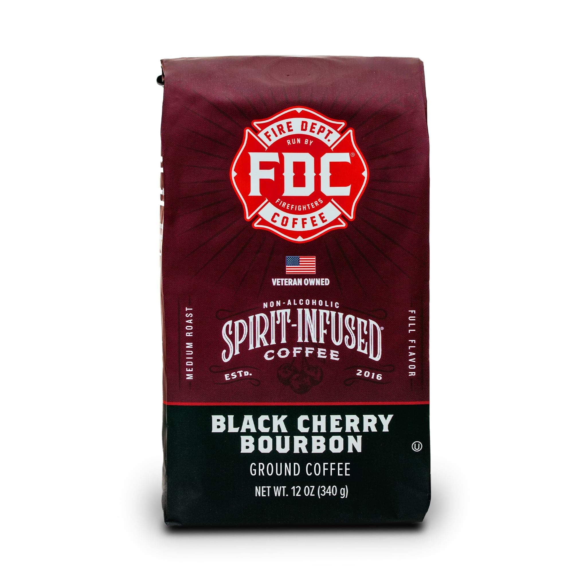 Black Cherry Bourbon Coffee - Gives Back to Firefighters - Premium Bourbon Infused Ground - Non-Alcoholic - Roasted in the USA - Veteran Owned - 12 oz