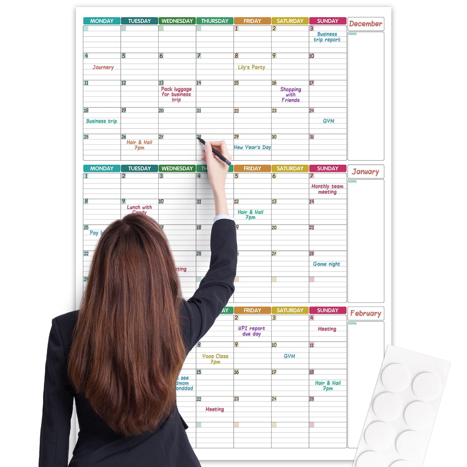 Large Wall Calendar Undated - Three Monthly Dry Erase Reusable Wall Planner, Giant Laminated Poster, Goal & Task Organizer for Your Home, Office, 101 cm X 73 cm, Colorful