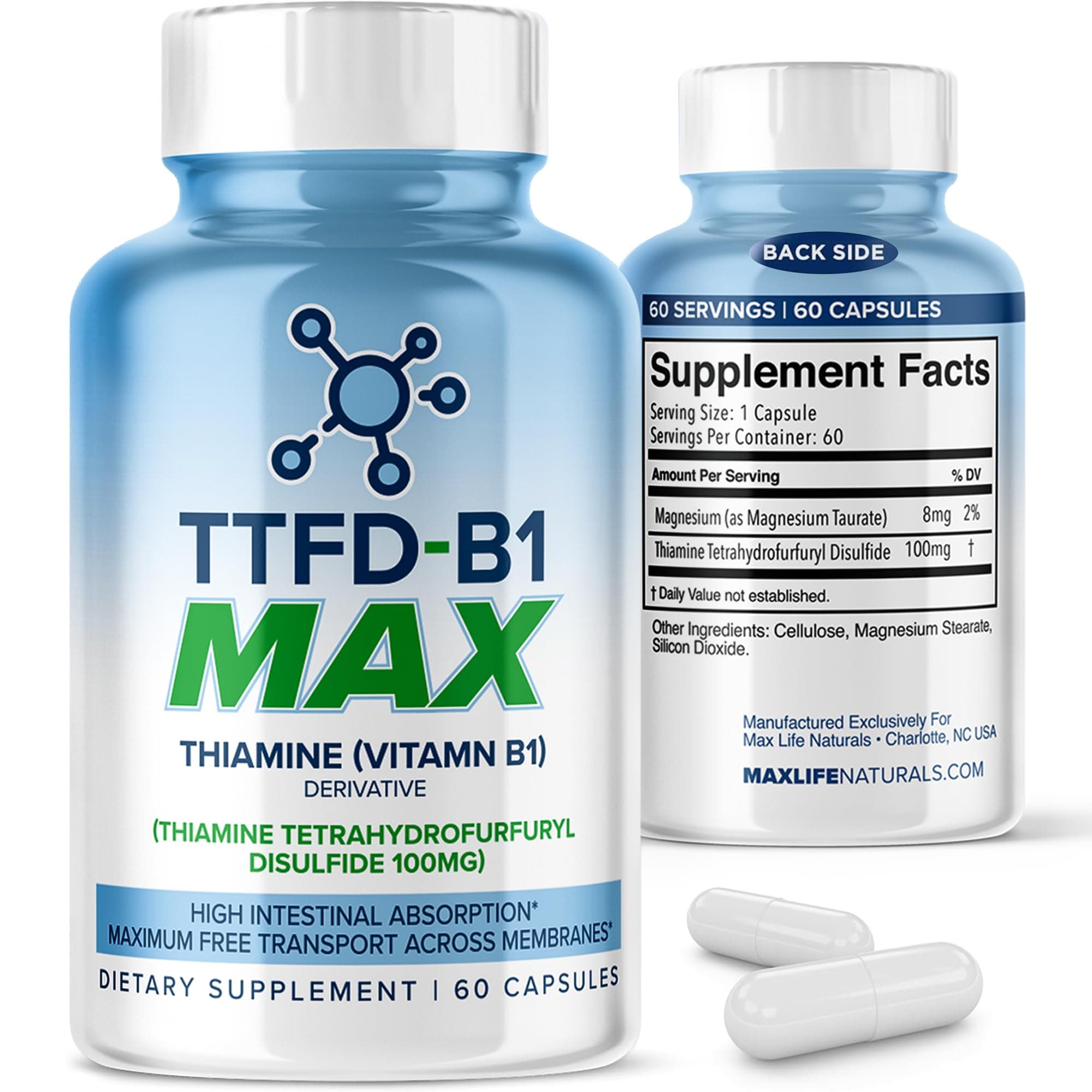 TTFD Thiamine B1 Supplement 60Capsules Made in USA- Thiamine TTFD Vitamin B1 MAX, High-Potency Supplement for Energy & Focus, Supports Healthy Nerve Function & Overall Wellness by MaxLife Naturals