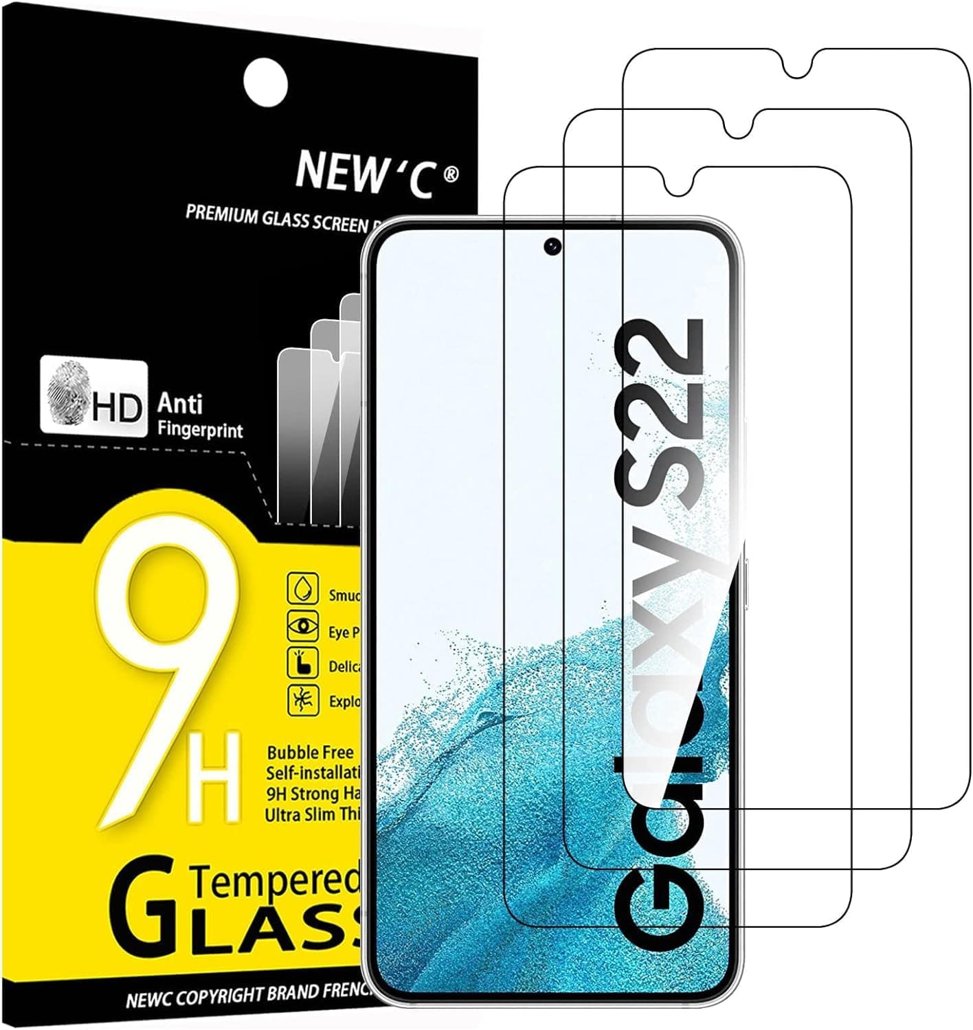 NEW'C 3 Pack Designed for Samsung Galaxy S22 5G, Screen Protector Tempered Glass, Case Friendly Anti Scratch Bubble Free Ultra Resistant