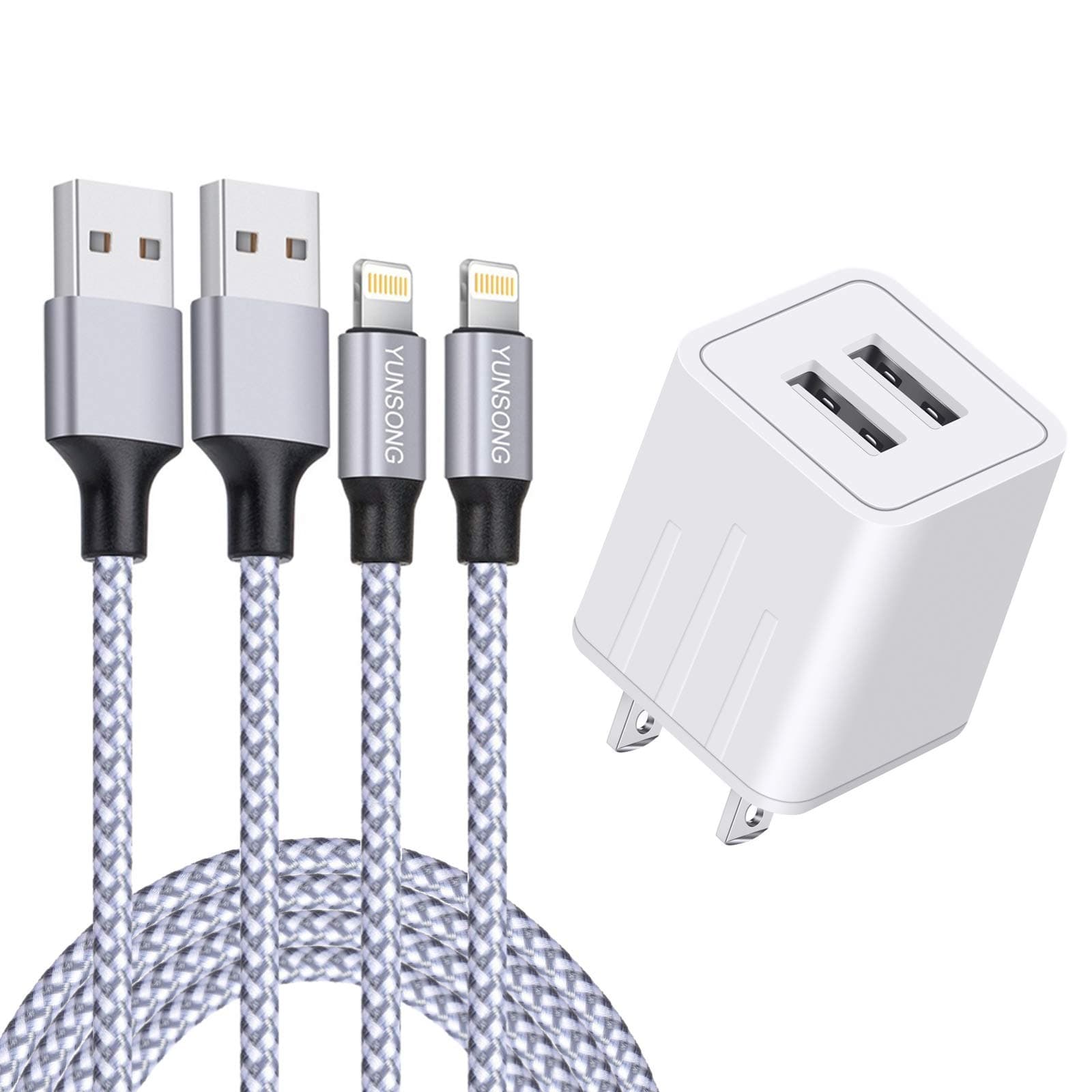 iPhone Charger, YUNSONG Nylon Braided Lightning Cable 2Pack 6ft Data Sync Transfer Cord 2-USB Rapid Charging Plug Wall Charger Compatible with iPhone 13 12 11 Pro Max XS XR X
