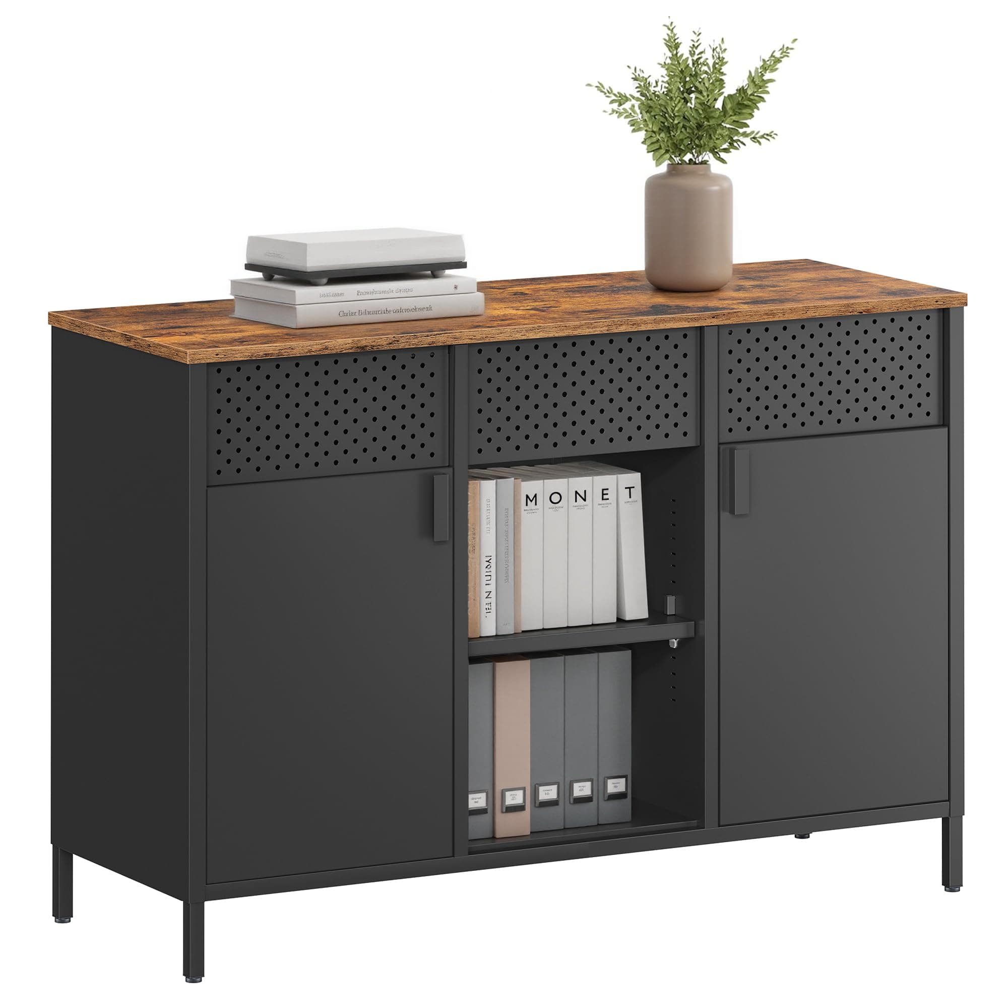 Storage Cabinet, Metal Cabinet, Sideboard with 2 Doors, 15.7 x 43.3 x 29.9 Inches, Magnetic Closure, Adjustable Shelves, Steel Frame, Rustic Brown and Matte Black ULSC204B01