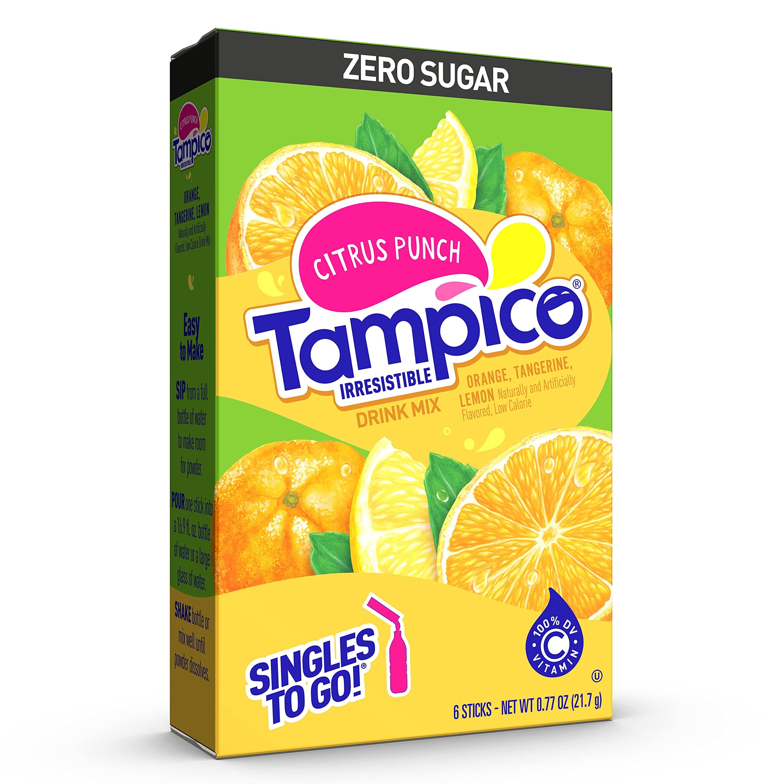 Tampico Singles To Go Drink Mix Packets, Citrus Punch, 6-Count Box – Zero Sugar, Low Calorie Powdered Drink Packets, 100% DV of Vitamin C per Serving, Convenient, On-The-Go Water Enhancers