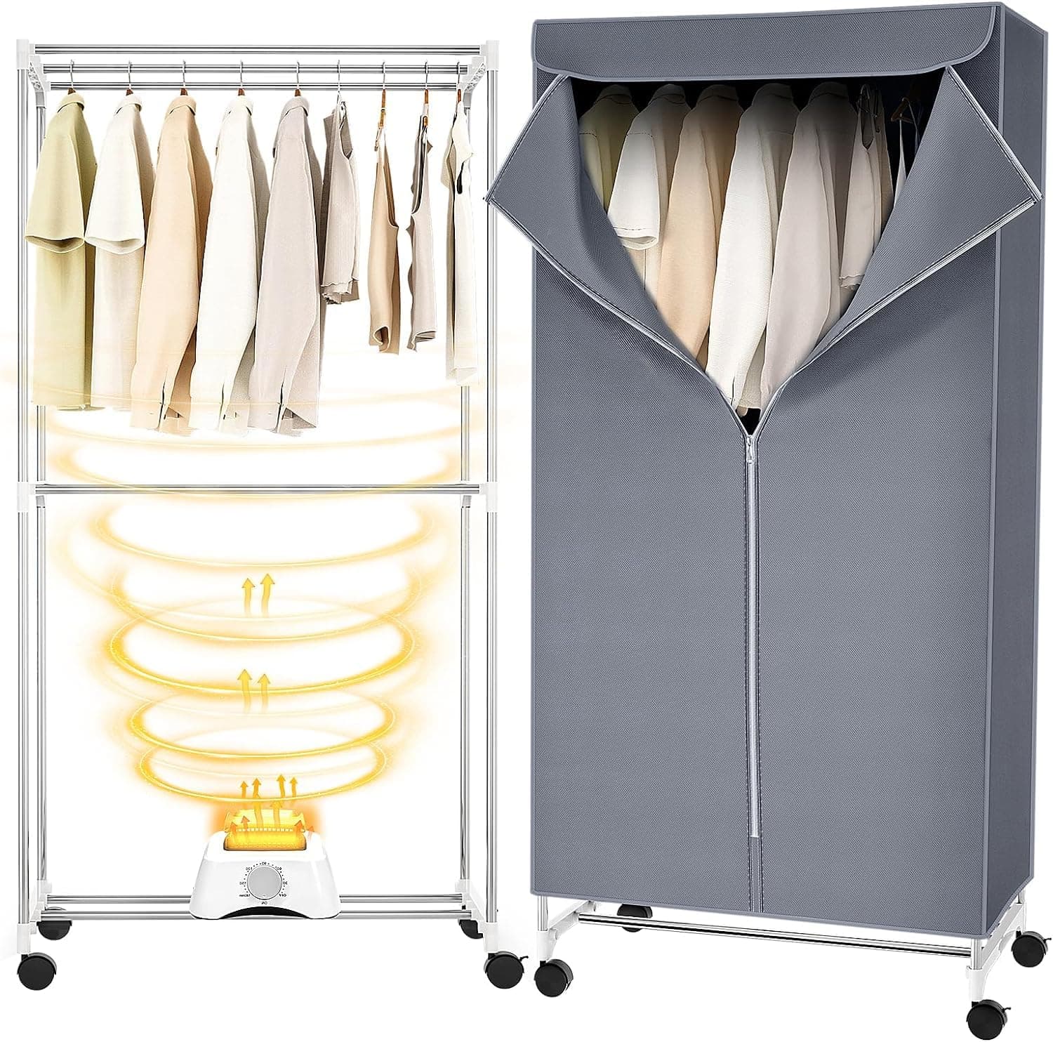 YORKING Heated Clothes Airer with Cover, Fast Drying Rack Indoor 2-Tier Stainless Steel Energy-Efficient Electric Airer Clothes Dryer, 180 Minutes Timer, Auto Power-Off