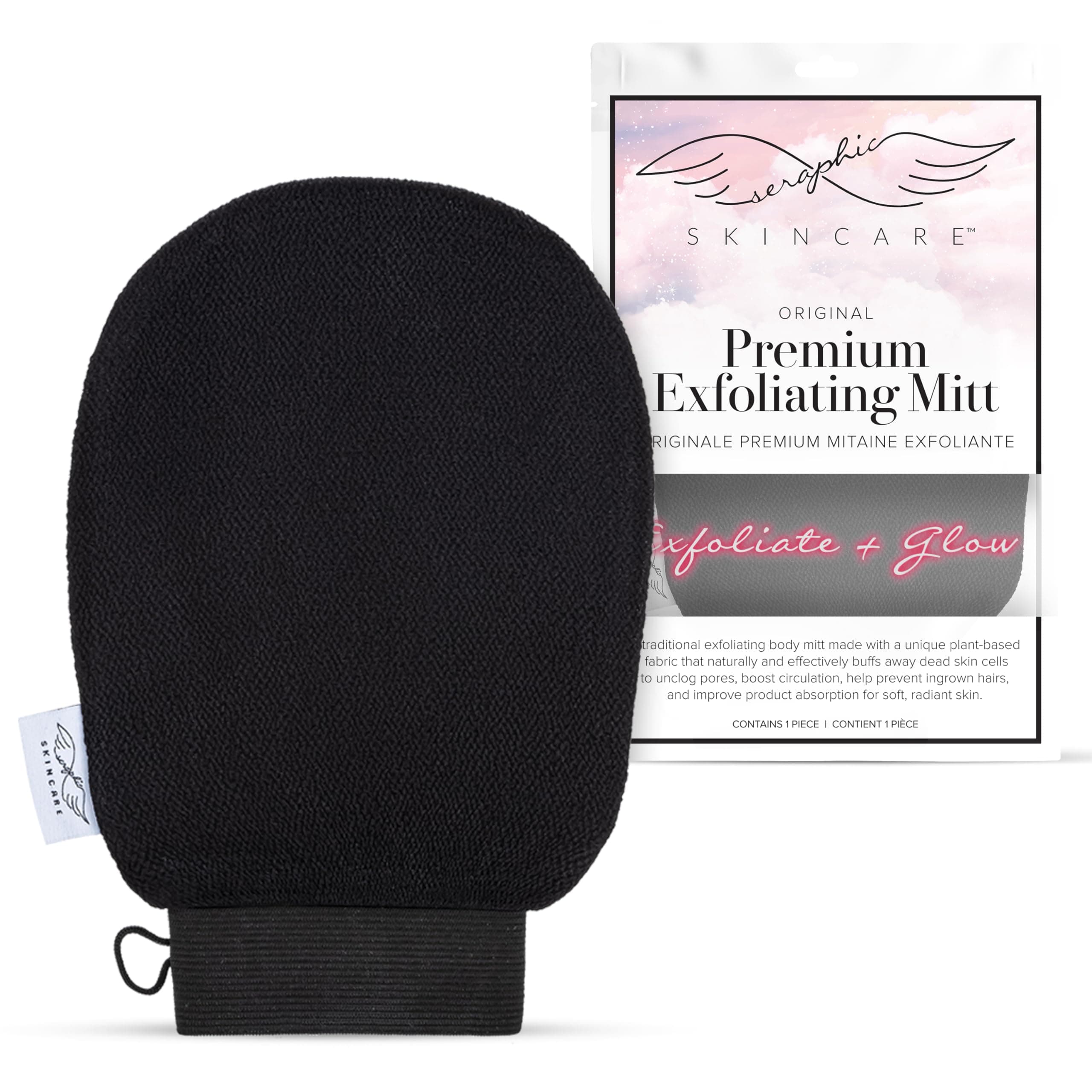 SERAPHIC SKINCARE Korean exfoliating mitts (1pc) microdermabrasion at home, exfoliating gloves visibly lift away dead skin, great for spray tan removal or keratosis pilaris, made of 100% viscose fiber
