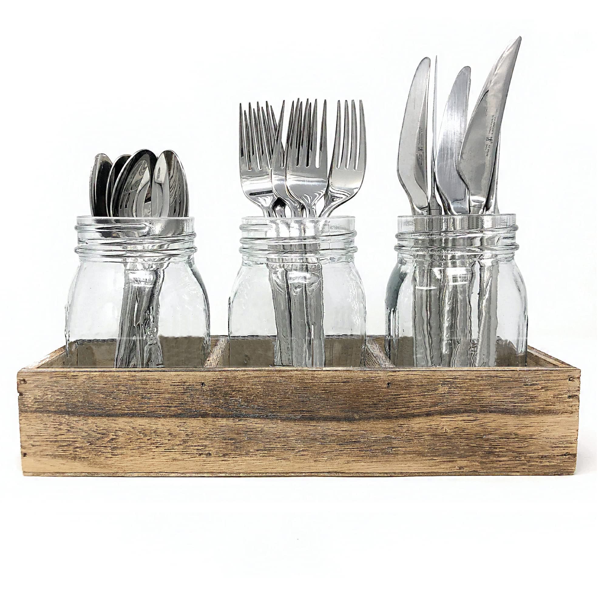 CB Accessories Mason Jar Glass Utensil Holder Flatware Caddy Silverware Organizer for Spoons, Knives and Forks with Rustic Wood Tray