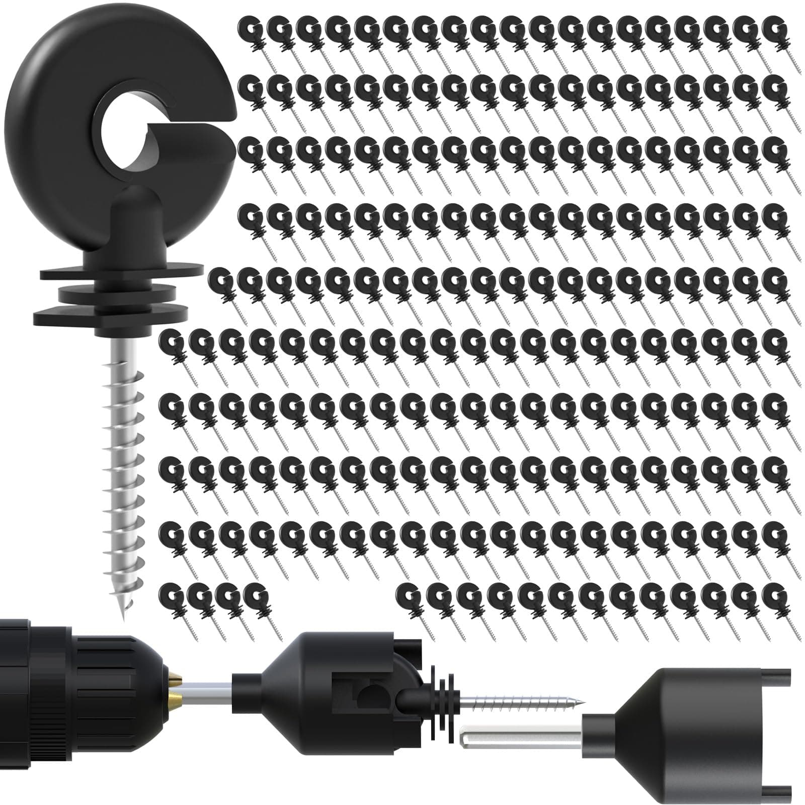 200 Pcs Black Electric Fence Insulator Screw-in Insulator Fence Ring Post Wood Post Insulator and 2 Pc Free Insulator Socket Tool (Grid System Accessories for Animal Husbandry Electronic)