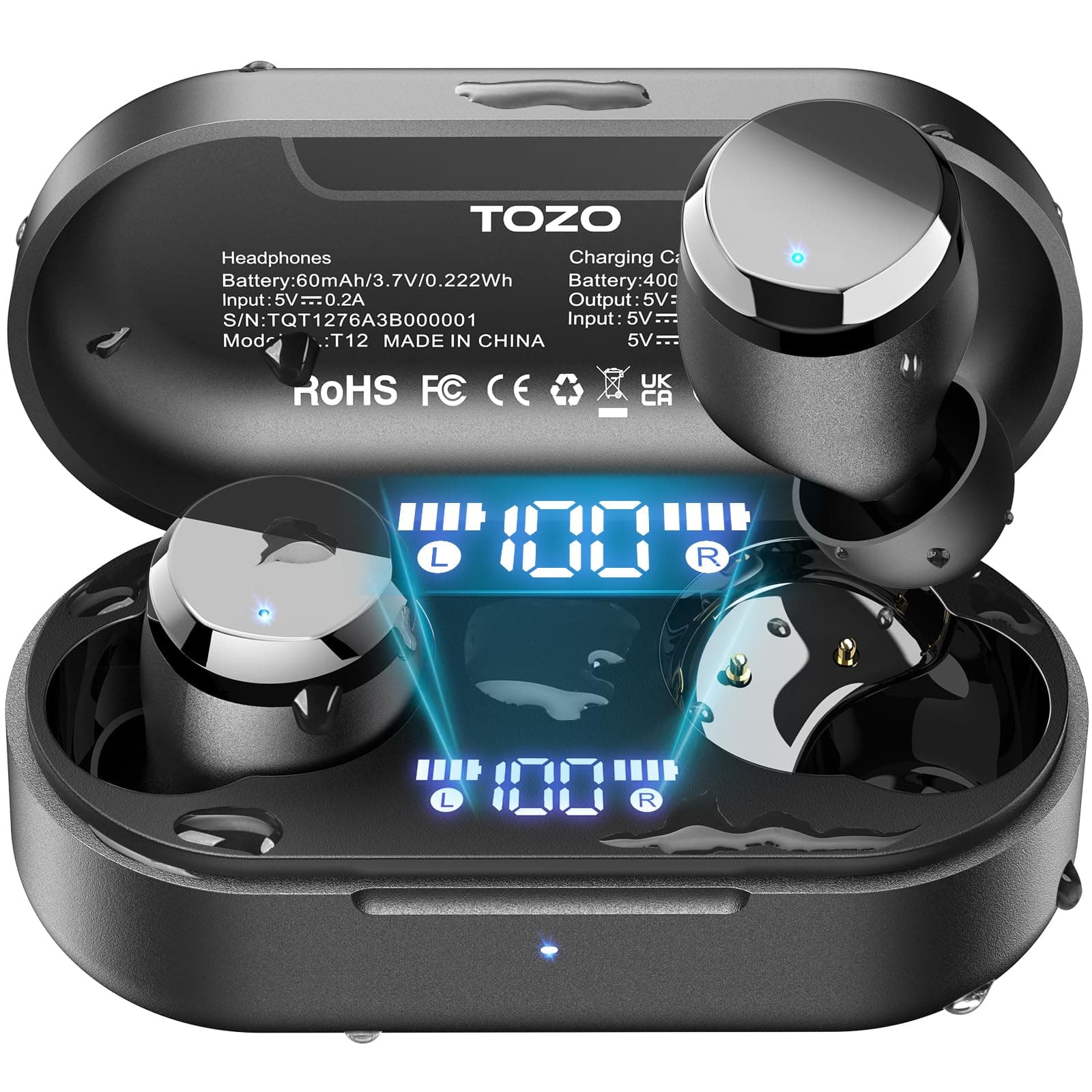 T12 Wireless Earbuds Bluetooth 5.3 Headphones Built-in ENC Noise Cancelling Mic, 55 Hrs Playtime App Customize EQ IPX8 Waterproof LED Digital Display Premium Sound Headset Black