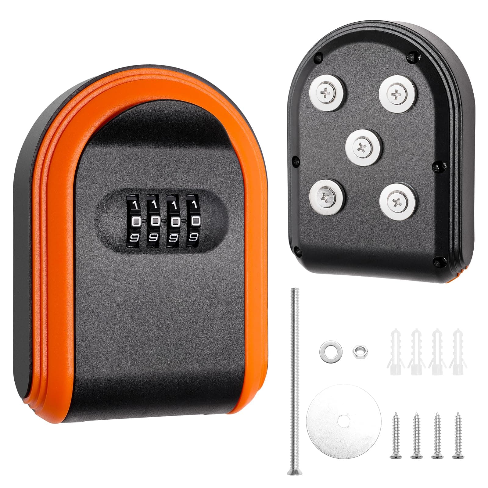 Coldairsoap Magnetic Key Holder with Lock, Magnet Key Lock Box Hidden Under Car, Secure 4-Digit Combination with Resettable Code For for Indoor, Outdoor Store Car Key, Door Key (Orange+Black)