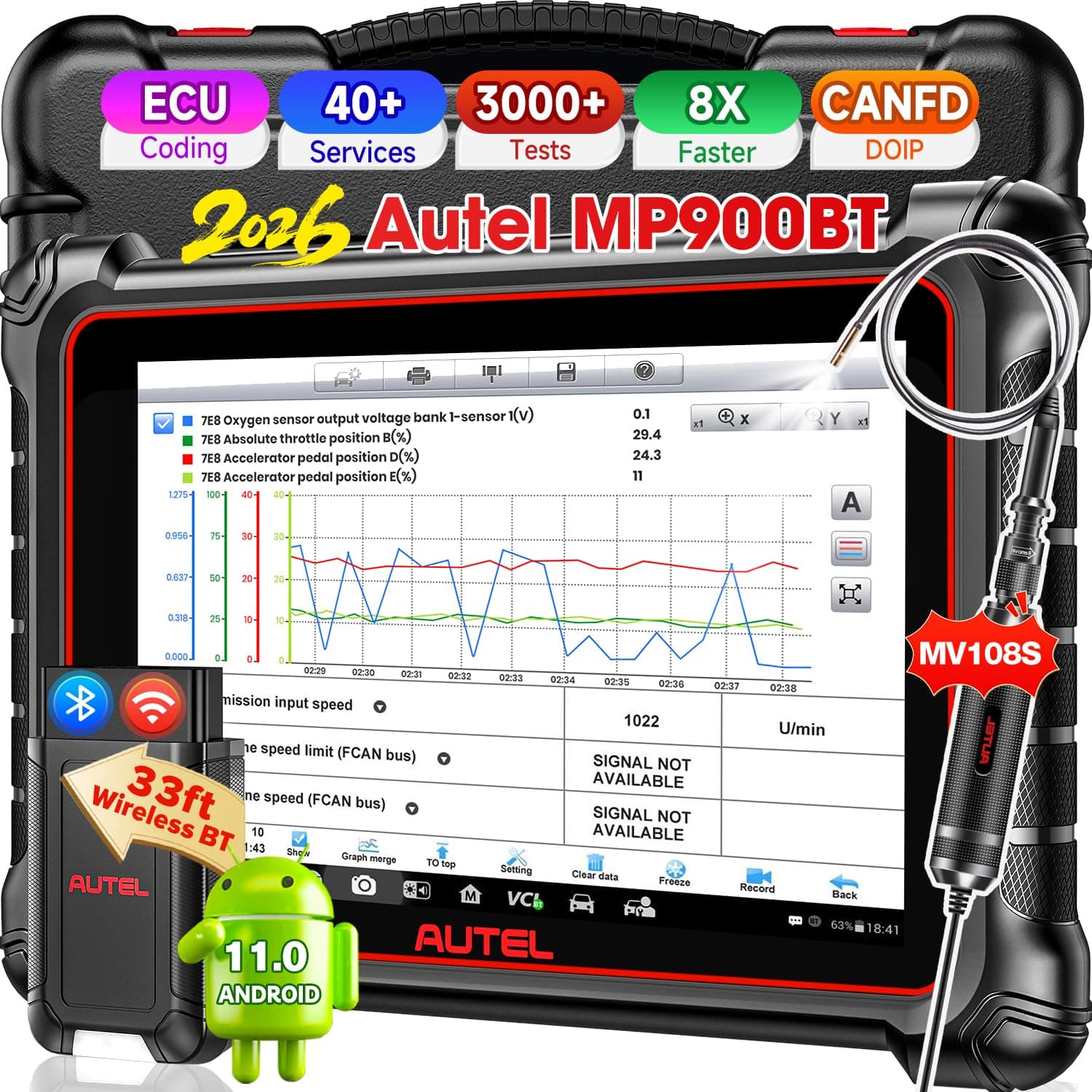 Scanner MaxiPRO MP900-BT w/ MV108S: 2026 MP900BT V2.0 Newer of MP900 MS906BT MS906 MP808BT PRO, 40+ Reset, OE Bidirectional Diagnostic Scan Tool as MS906 PRO/MAX, CAN FD/DoIP, 3K+ Tests, OS11