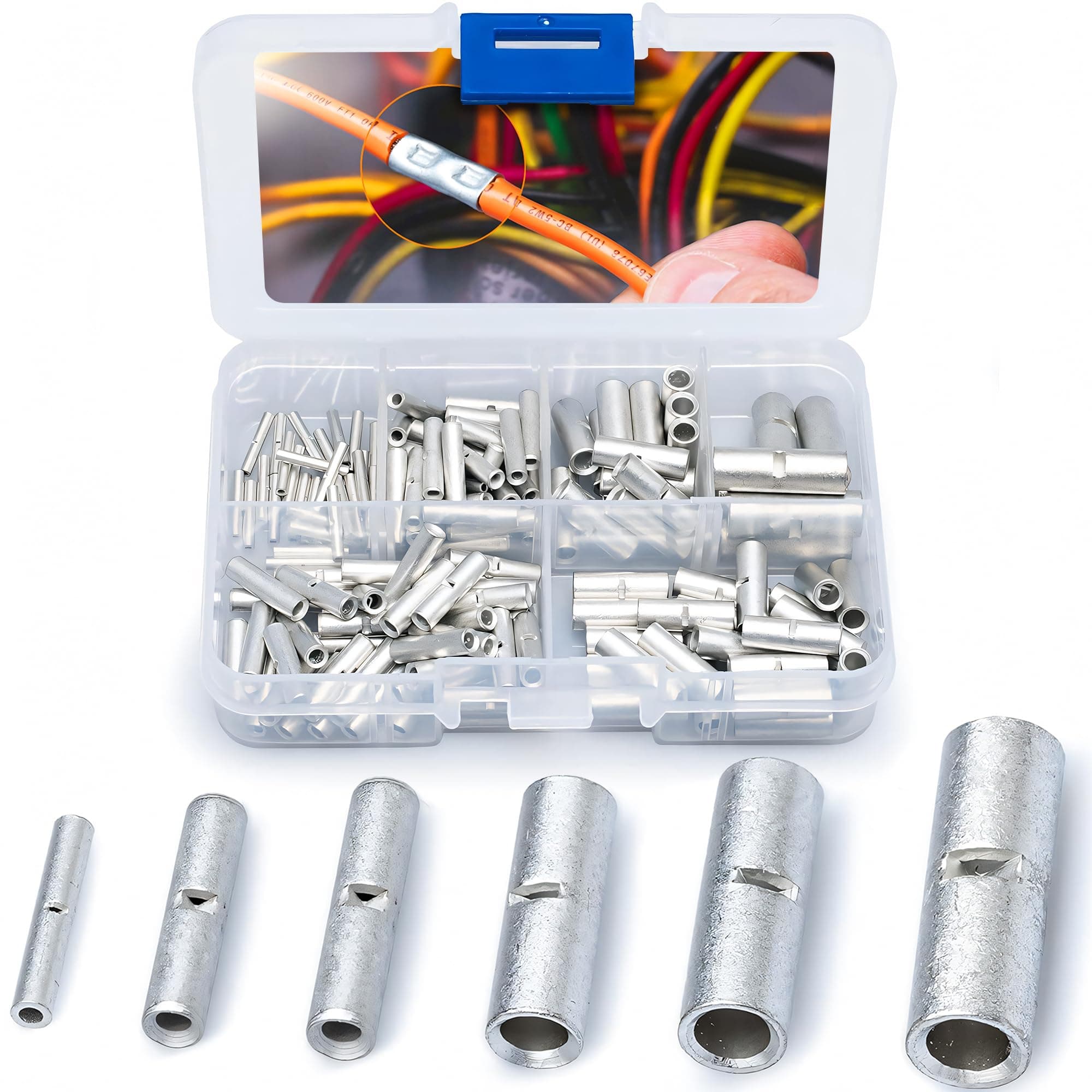 100 PCS Non Insulated Butt Connectors Kit - Butt Splice Wire Connectors - Electrical Crimp Terminals - 24-8 AWG