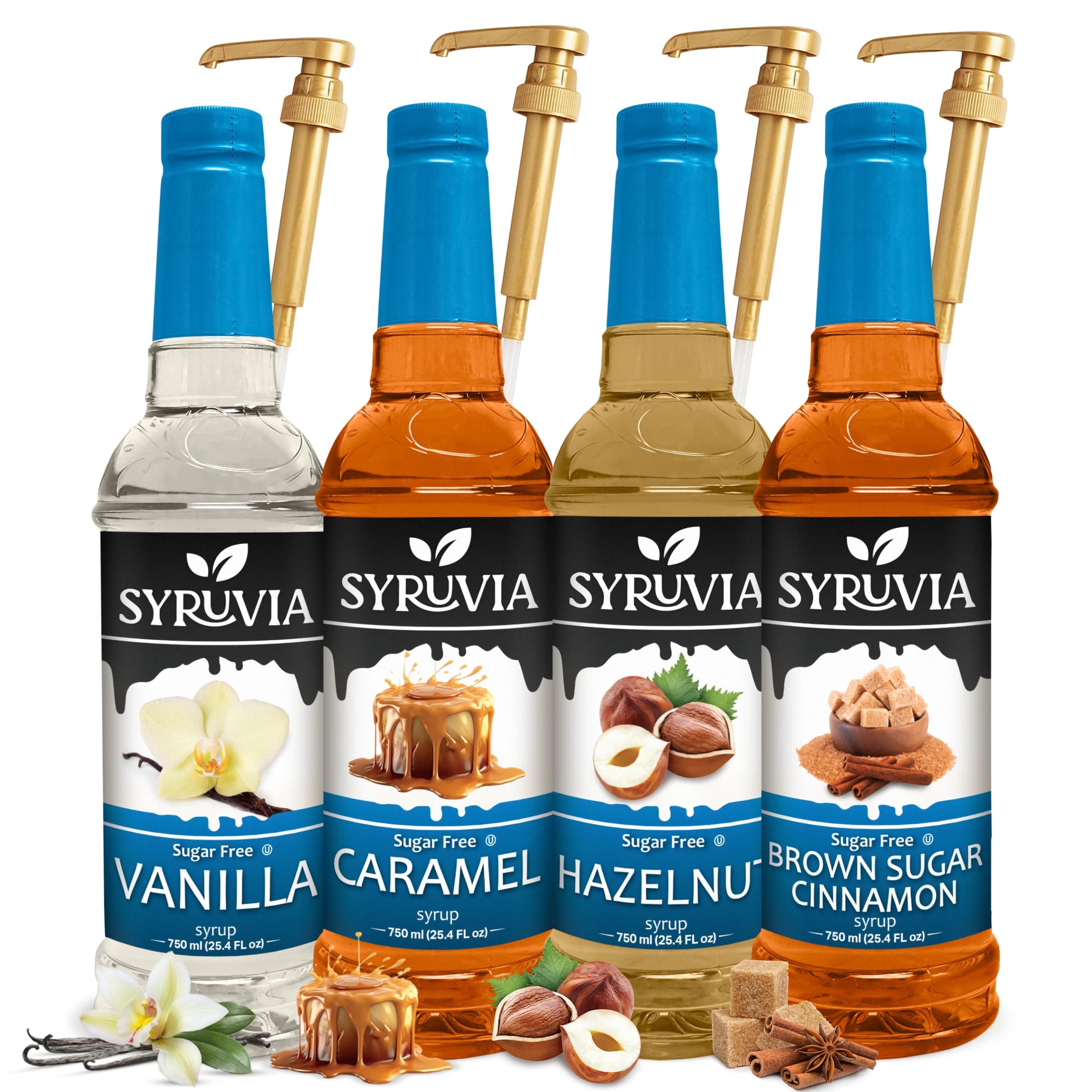 SYRUVIASugar Free Coffee Syrup Variety Pack: Vanilla, Caramel, Hazelnut, and Brown Sugar Cinnamon - Gluten-Free, Kosher, 25.4 fl oz Bottles - Enhance Your Coffee Experience - With Syrup Pump