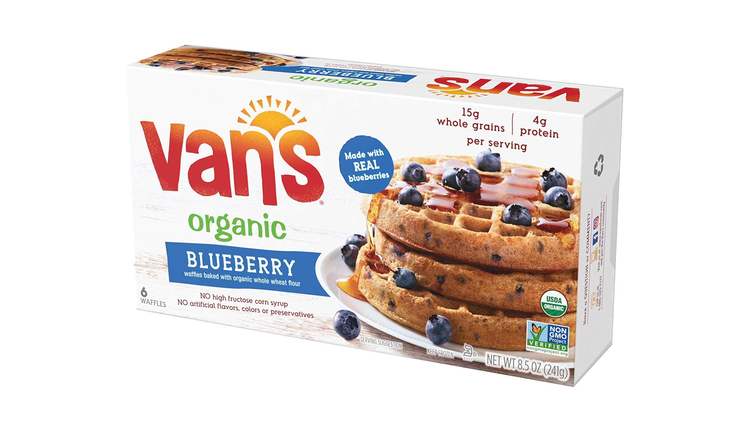 Van's Frozen Simply Delicious Whole Grain Organic Waffles, Blueberry, 6 Count (Frozen), 8.5 Ounce
