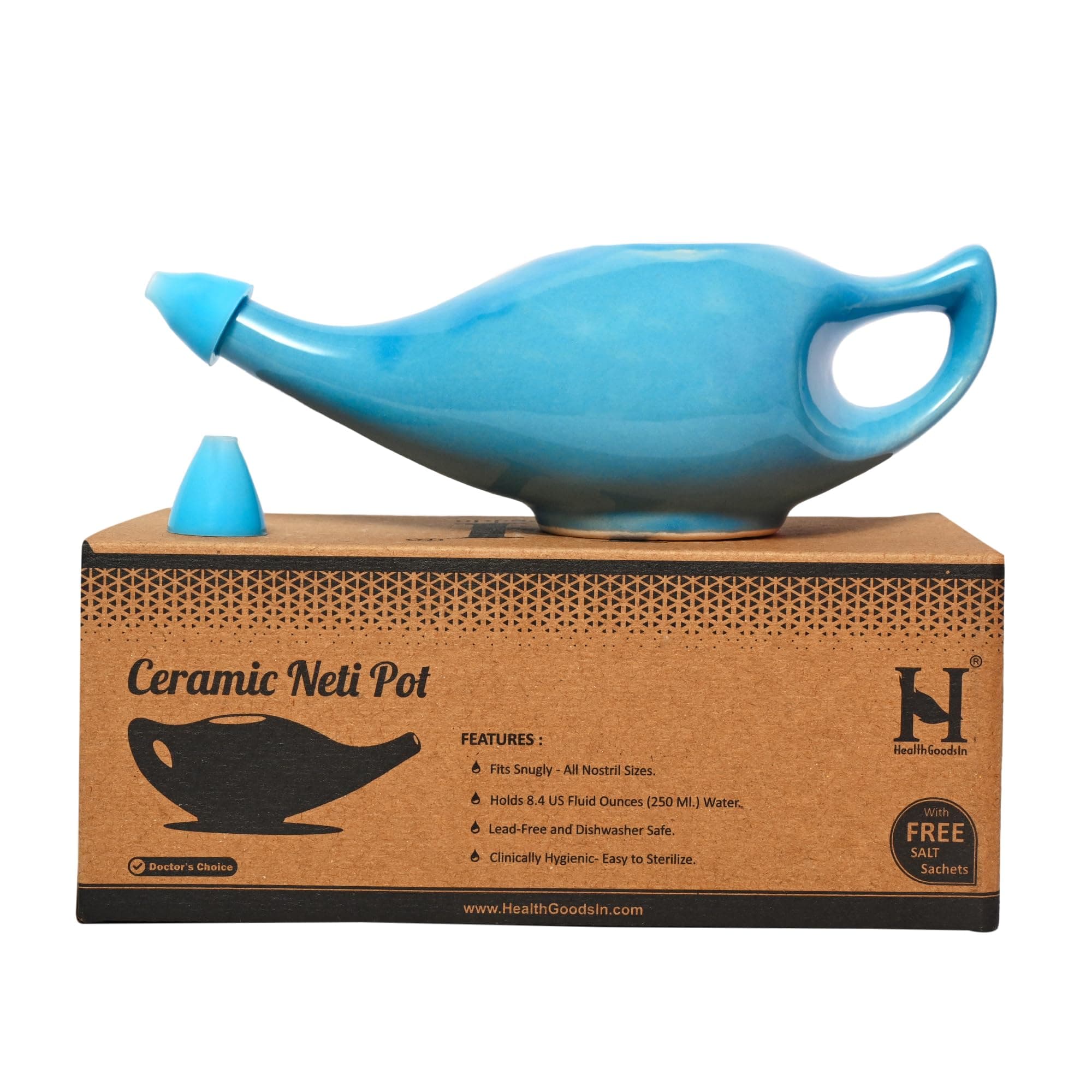HealthGoodsIn Ceramic Neti Pot, Dishwasher Safe, Premium Handcrafted with 2 Silicone Nozzle and Salt for Sinus - 225 Ml. Capacity (Sky Blue)