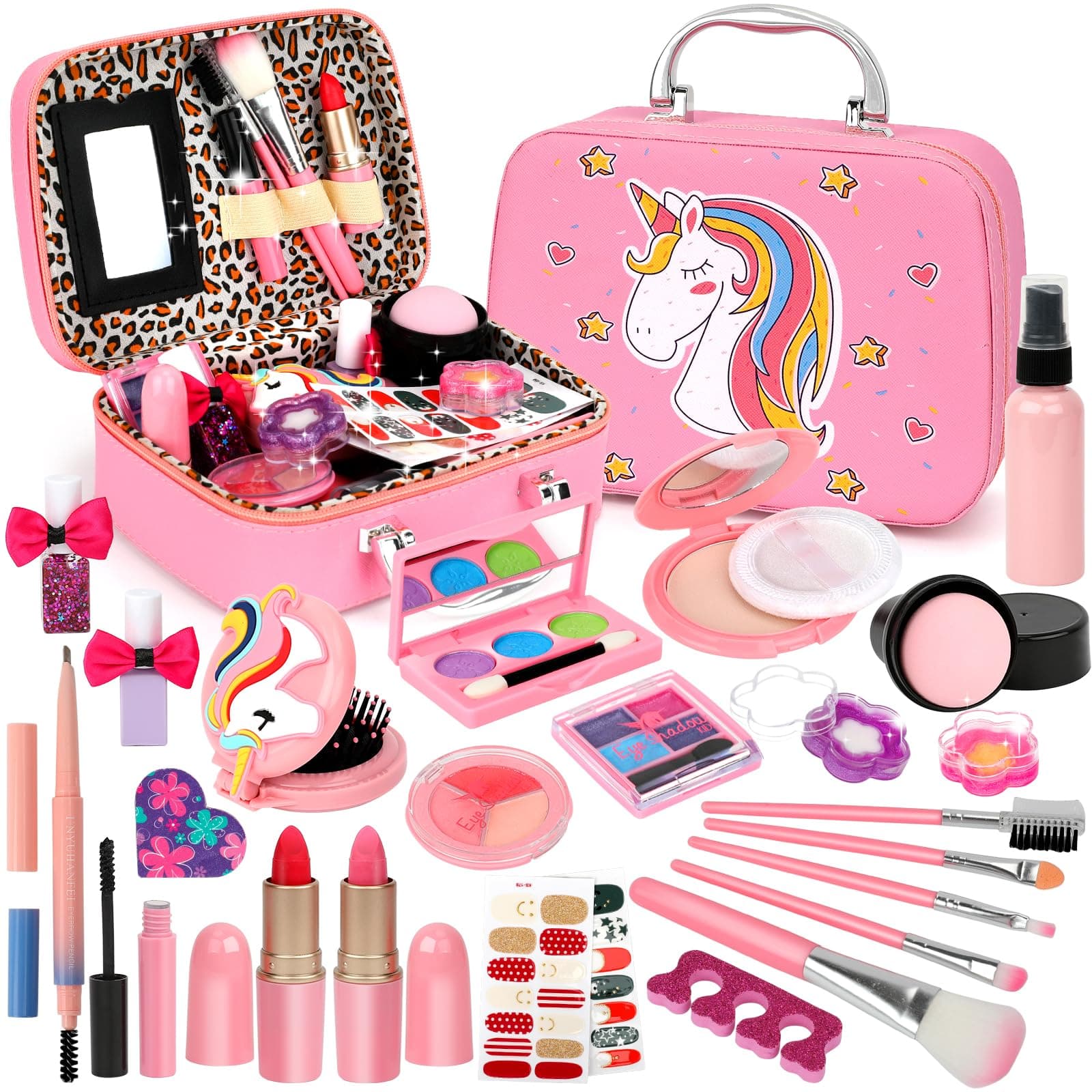 Flybay Kids Girls Makeup Kit Realistic Washable Cosmetic Set for Girls Kids Princess Pretend Play Makeup Kit Christmas Toy Present with Cosmetic Case for 4 5 6 7 8 Years Old Girls