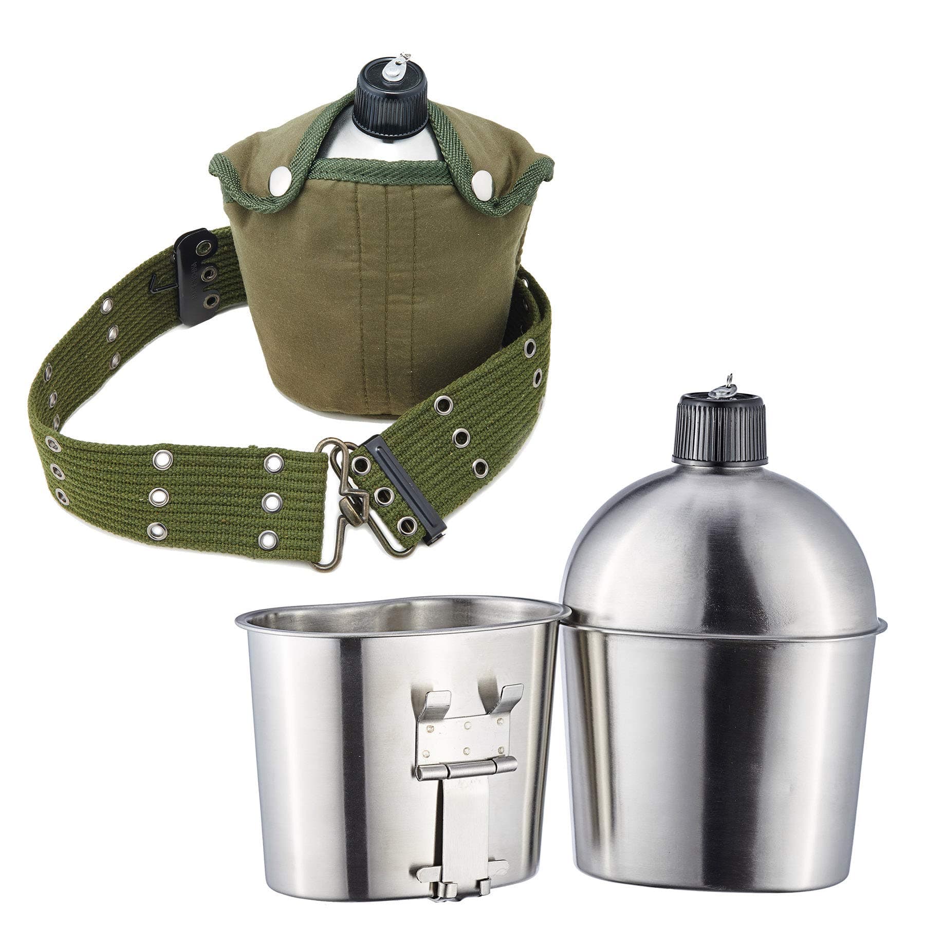 DARTMOOR G.I. Army Stainless Steel Canteen Military with Cup and Green Nylon Cover Waist Belt for Camping Hiking