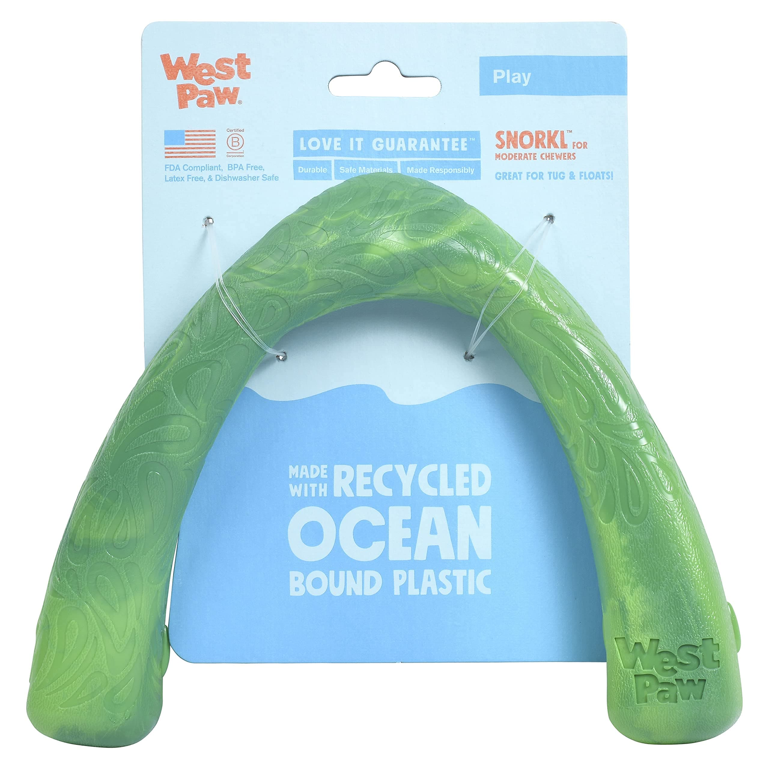 WEST PAW Seaflex Snorkl Dog Tug Chew Toy for Moderate Chewers, Made in USA, 8.25" Large, Emerald